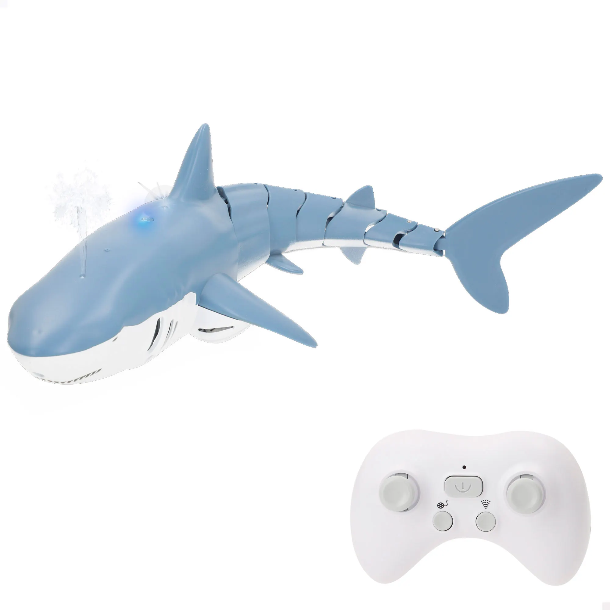 COLORBABY Racing Boat - Tiburón de juguete teledirigido, mide 38x14x10 cm, mando sumergible con 6 direcciones, incluye luz y spray de agua, frecuencia 2.4 GHZ, alcance de 30 metros, autonomía 25