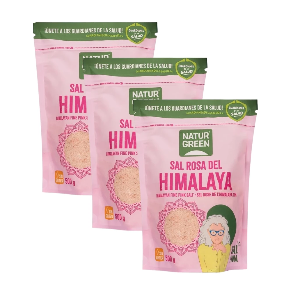 Sal Rosa del Himalaya Fina  Pack de 3x  500g  Sin refinar, rica en minerales  Uso culinario y nutricional  NATURGREEN