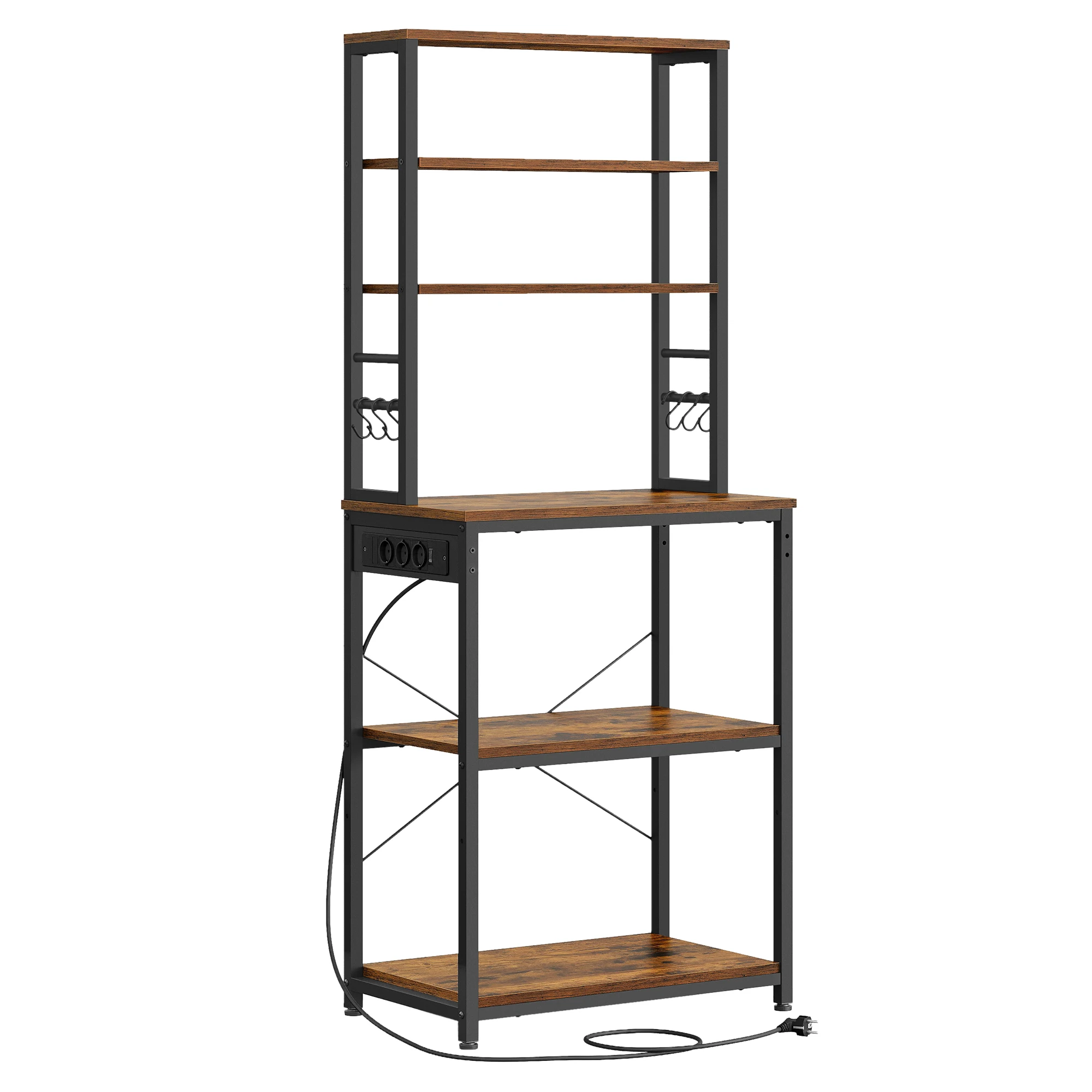 VASAGLE Mensola da Cucina con Presa di Corrente, Mensola per Panetteria, 6 Ripiani e 6 Ganci, per Microonde, Struttura in Acciaio, 40 x 60 x 167 cm, Marrone Rustico e Nero Inchiostro/Rovere Oro e