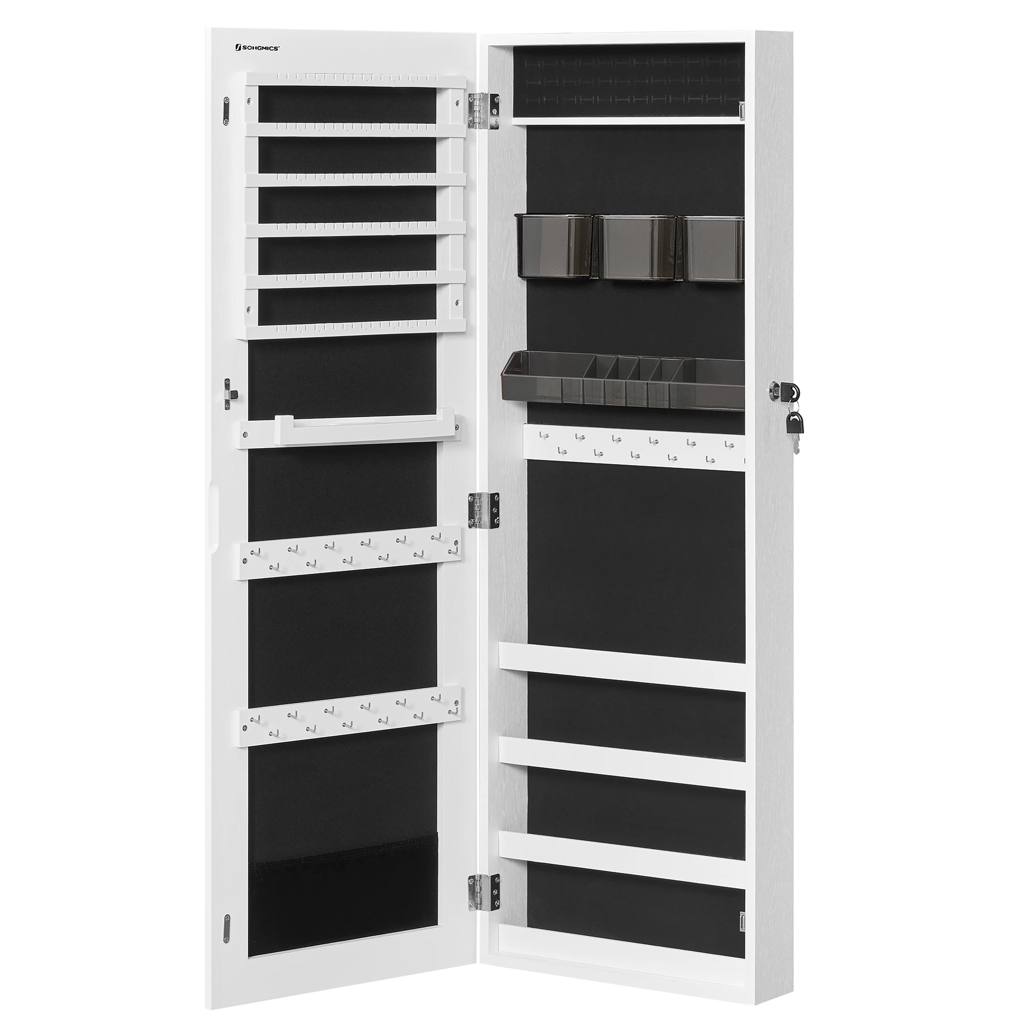 SONGMICS Armadio Portagioie, Specchio Portagioie da Parete o da Porta, Specchio Sospeso con Serratura, 2 Organizer Rimovibili in Plastica per Trucco, Natale, Idea Regalo, Bianco
