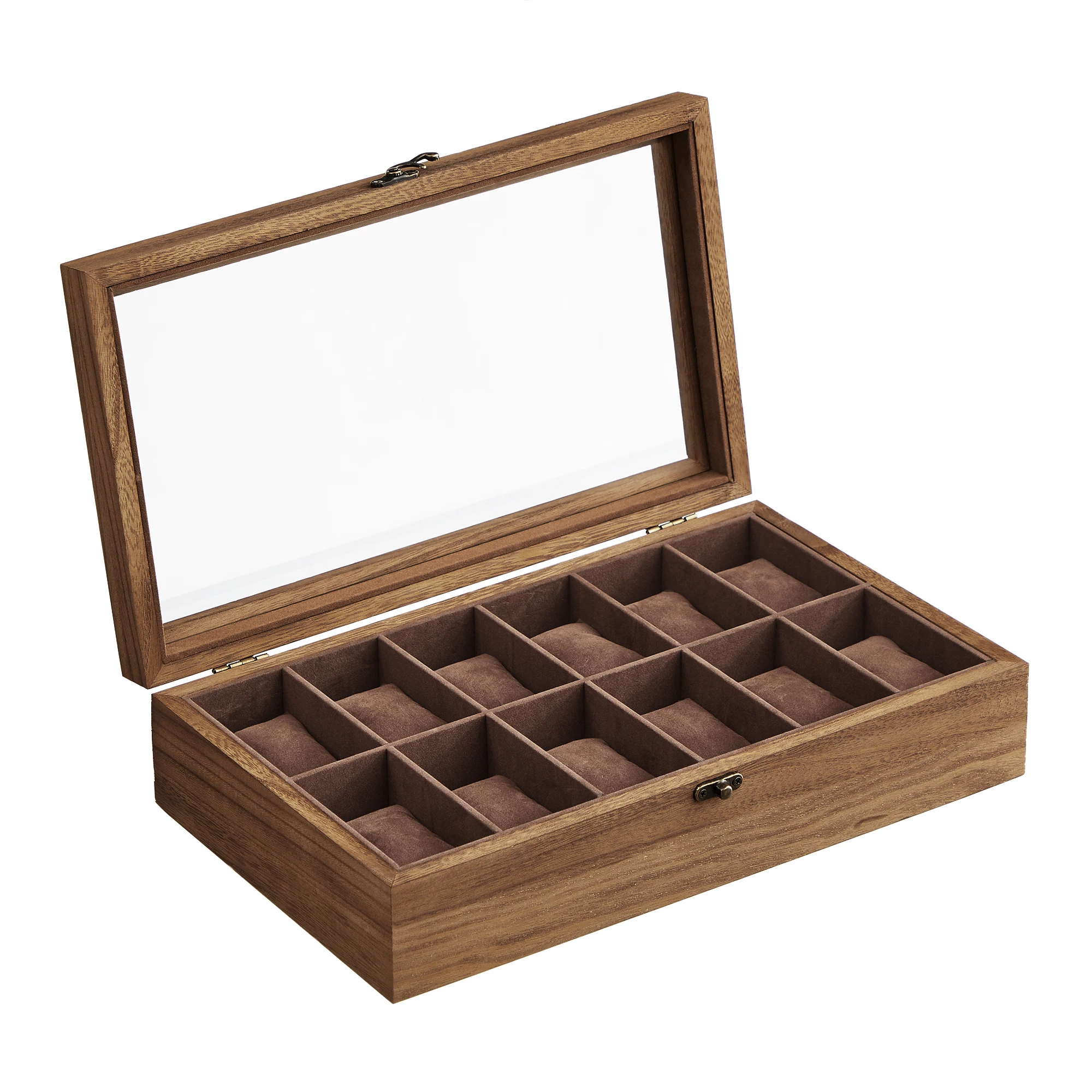 Songmics watch box with 12 compartments, solid wood watch box, with glass lid, watch cushion, gift for loved ones, rustic walnut/ebony black/ink black, christmas gift #1