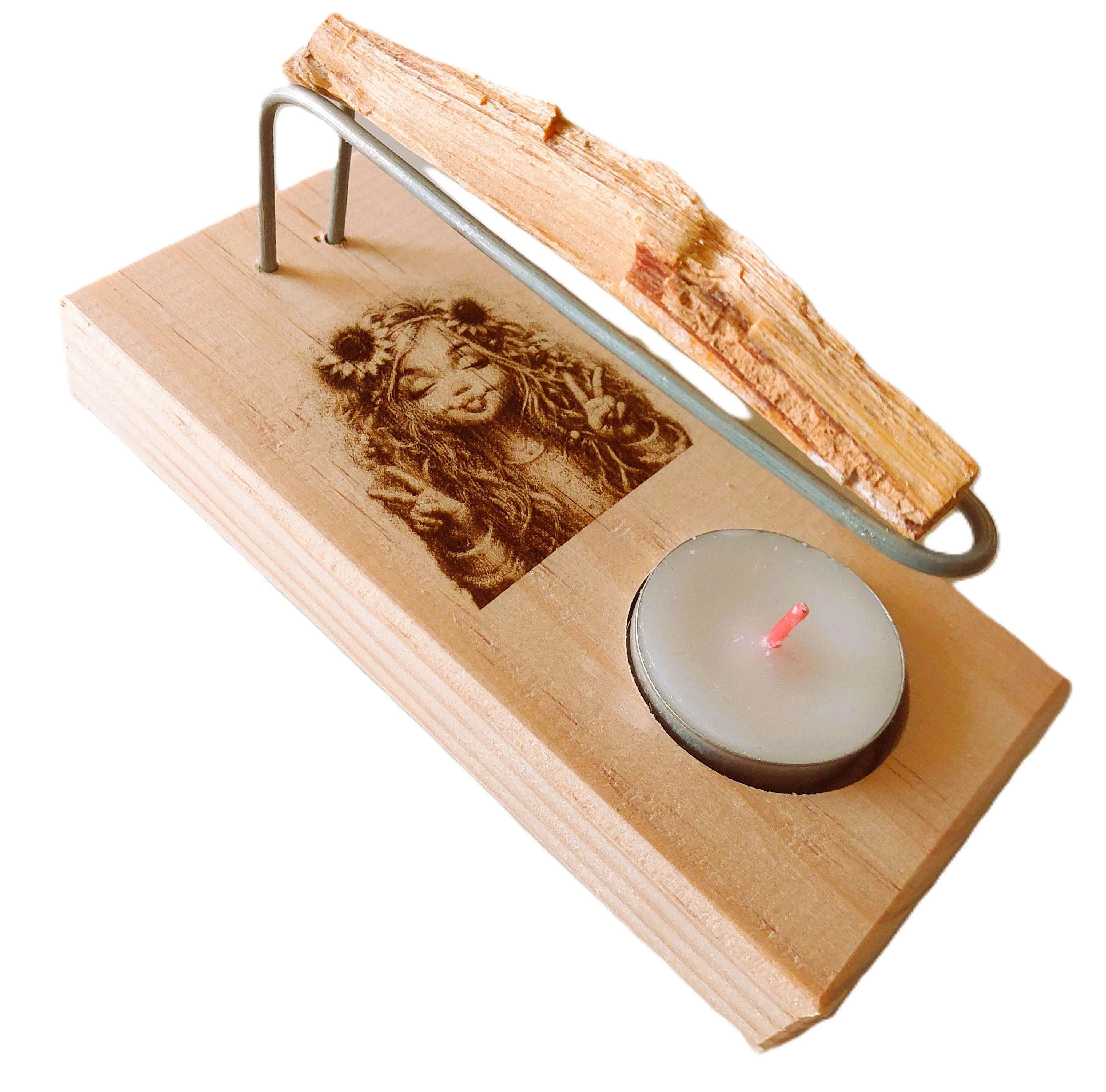 Quemador de Palo Santo con Base de Madera, Varillas Metálicas, Palo Santo y Vela de Té – Incluye Accesorios – YA-DECOREGALOS