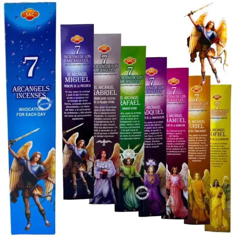 Incense of the 7 Archangels SAC - Complete box with 12 boxes, each containing 7 packets of 5 sticks (total 420 sticks) in unique aromas like Ruda and Sándalo for aromatherapy and home fragrance.