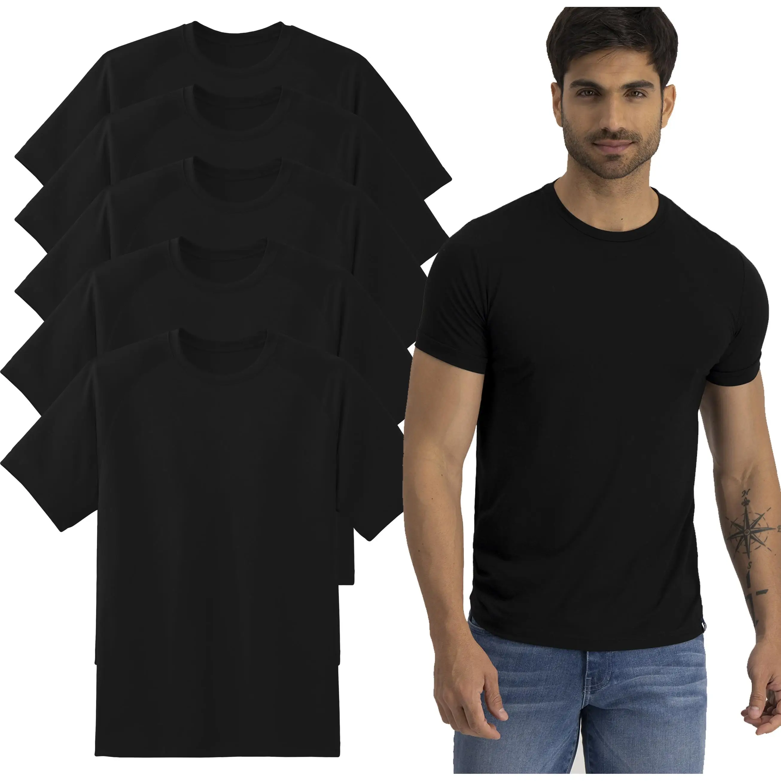 Pack 5 Camisetas Algodón Manga Corta color negro con Cuello Redondo para Hombre - 150 Gr. Pack de 5 Camisetas de Algodón para Hombre, Manga Corta,  Color Negro