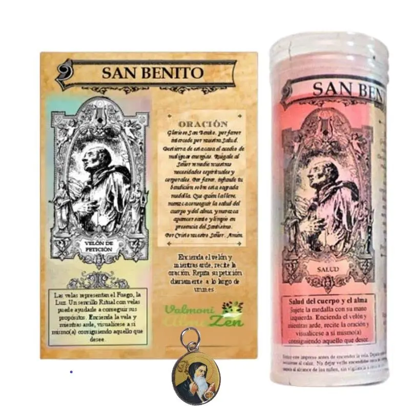 San Benito candle with Ritual medal for protection and requests for health of the body and soul candle against the evil eye Valmoni AlmaZen