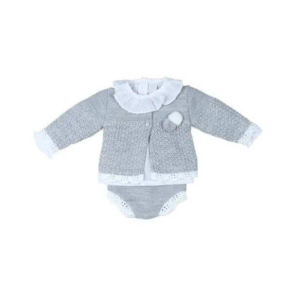 Conjunto de punto 3 piezas manga larga para bebé: Camisa cuello volante, cubrepañal y chaqueta-31840-Tony Bambino