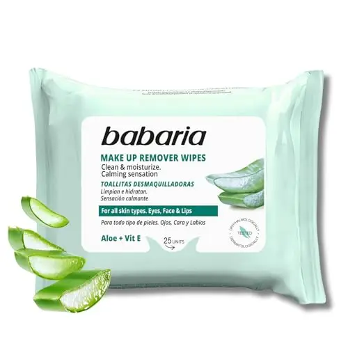Babaria - Toallitas desmaquilladoras con Aloe Vera, Vitamina E y Glicerina - 25 unid | Desmaquillante facial y de ojos