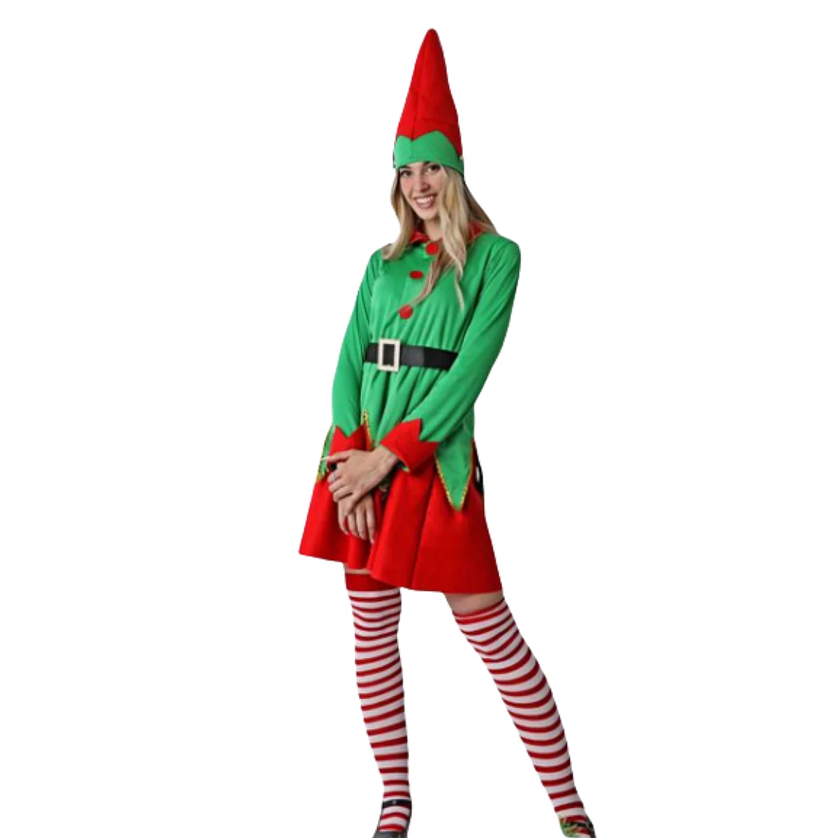 Elf costume for girls and women Christmas Carnival (contains: golden embroidery dress, hat, belt. 6 different size)