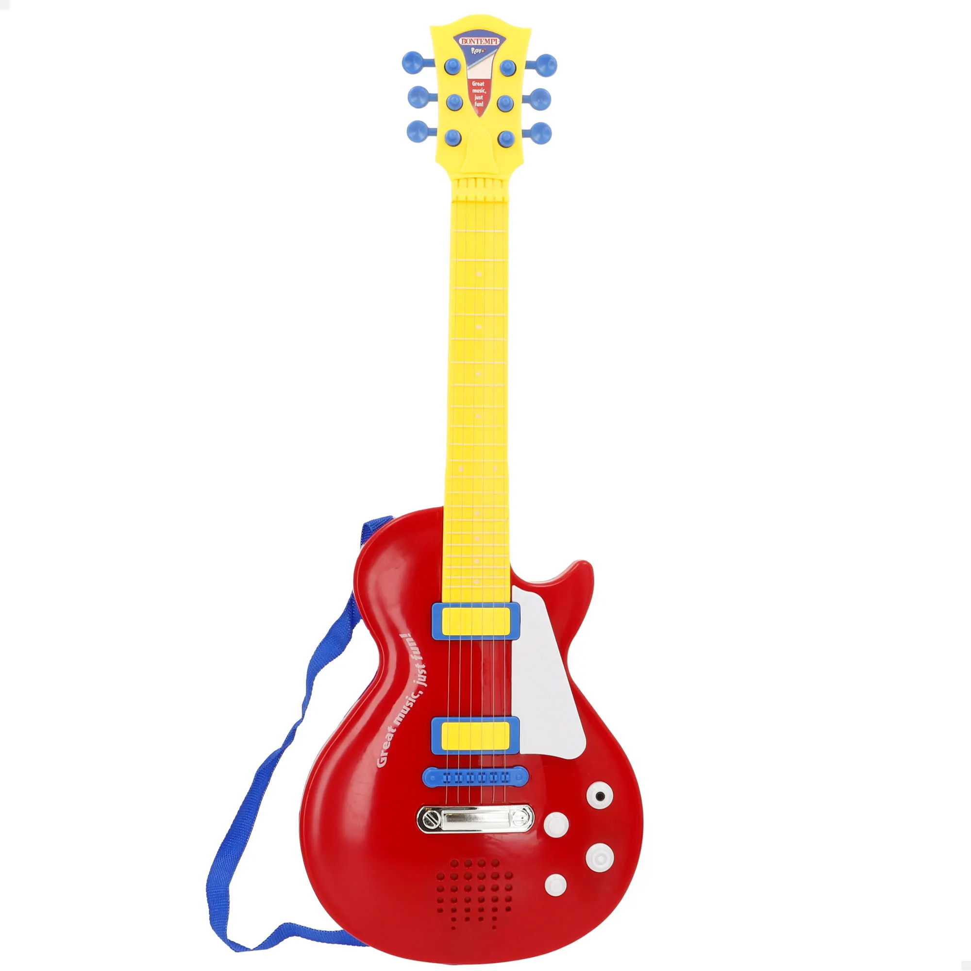 Bontempi - Guitarra eléctrica infantil, 56 cm, incluye melodías, sonidos y ritmos, 6 cuerdas de metal, instrumentos musicales, toma para micrófono, apagado automático, guitarra de juguete para niños,