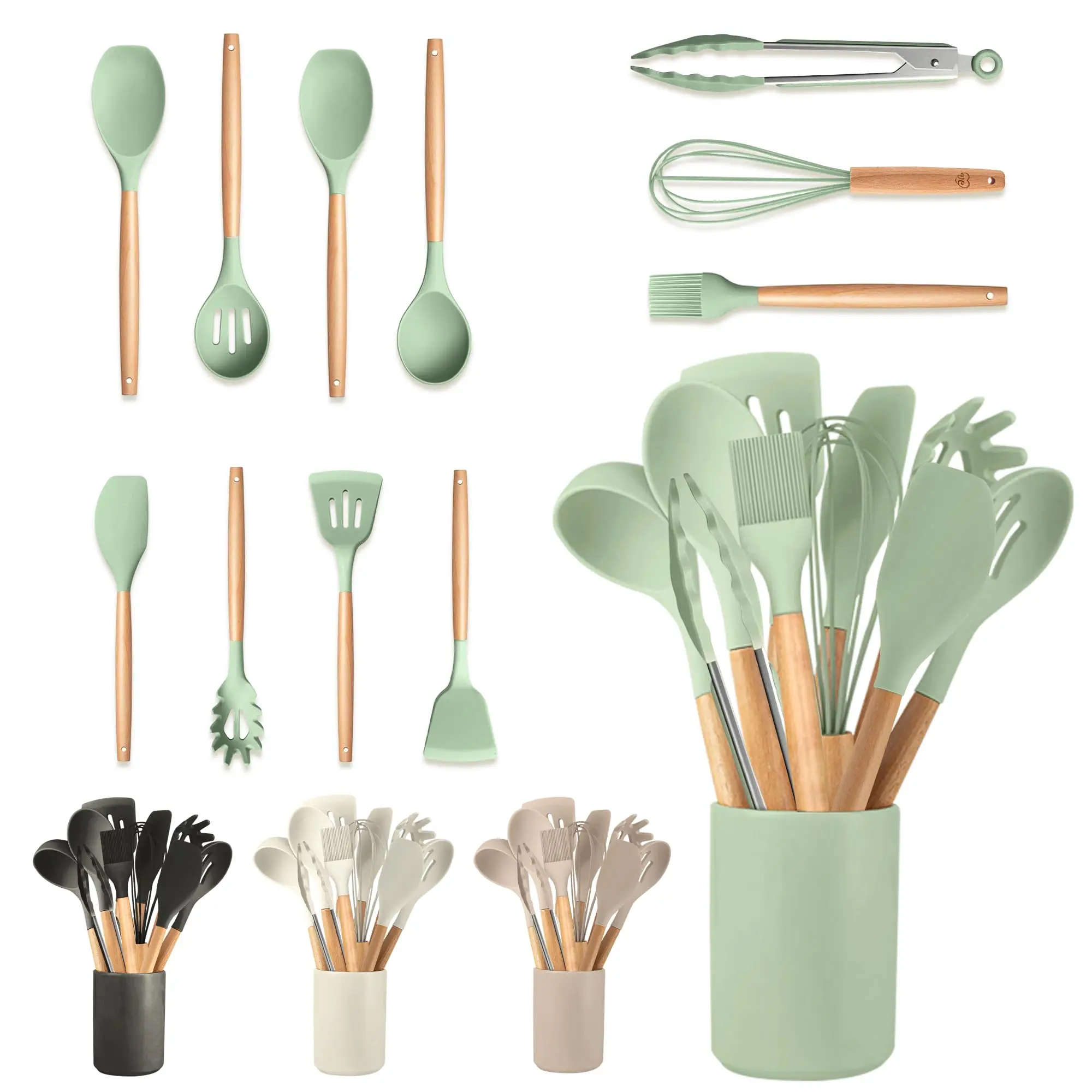 RELAXTY 12 Piezas Juego de Utensilios de Cocina de Silicona con Mangos de Madera - Accesorios de Cocina