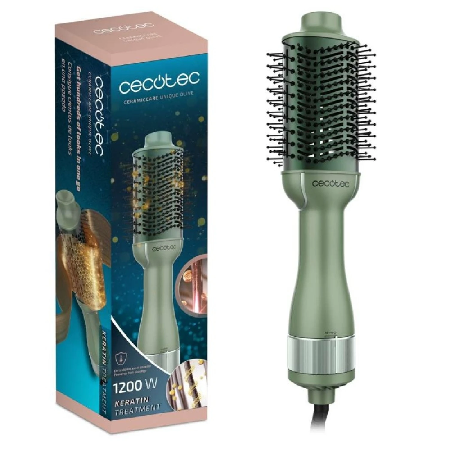 Cecotec Cepillo de Aire Voluminizador CeramicCare Unique Olive. 1200W, Desenreda, Seca, Da Volumen, Alisa y Ondula