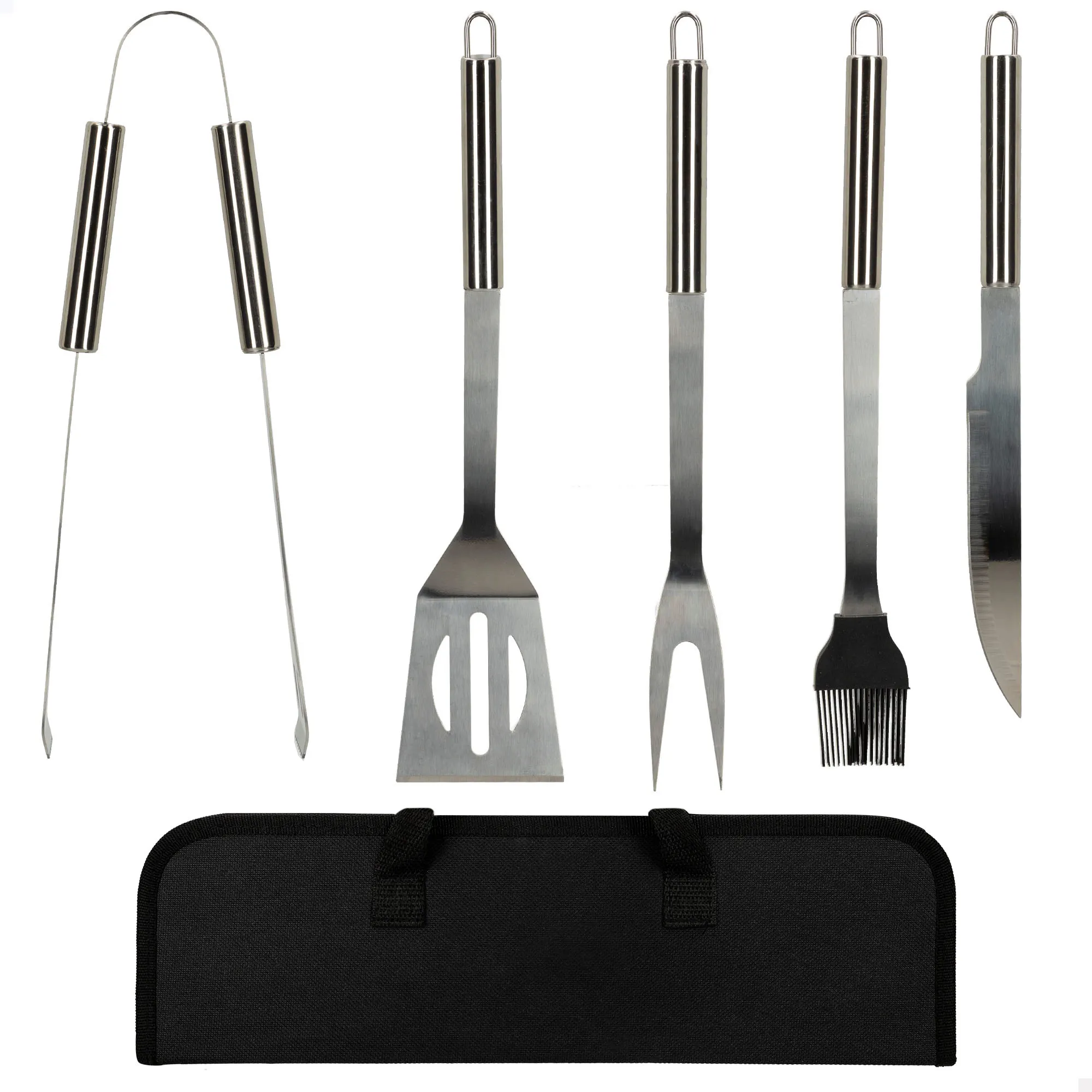 Estuche de utensilios para barbacoa Aktive, Utensilios barbacoa  Maletín barbacoa incluye 5 piezas: brocha cocina, pinzas barbacoa, espátula barbacoa, tenedor y cuchillo  Material acero inoxidable