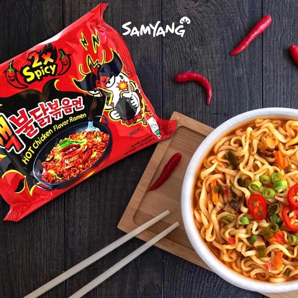 Assortment of 5 Ramen varied flavors and 2 WikiMark bamboo chopsticks. Includes, Nongshim Shin Ramyun Noodle Soup, Samyang Hot Chicken, Samyang 2x Spicy, Samyang Noodles Carbonara and Samyang cheese.