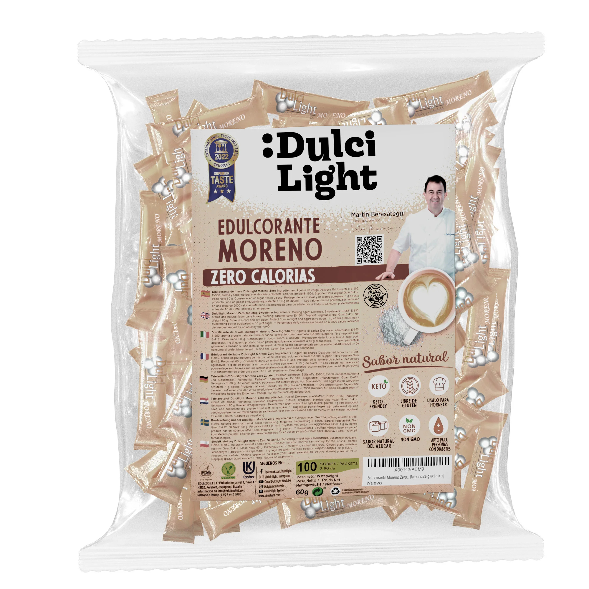 Dulcilight Edulcorante Moreno Zero  100 Sobres Sustituto del azúcar Moreno Sabor Natural  Granulado con Fibra Vegetal  keto 1 sobre 0,6g = 2 cdas de azúcar No OMG  edulcorante sobres