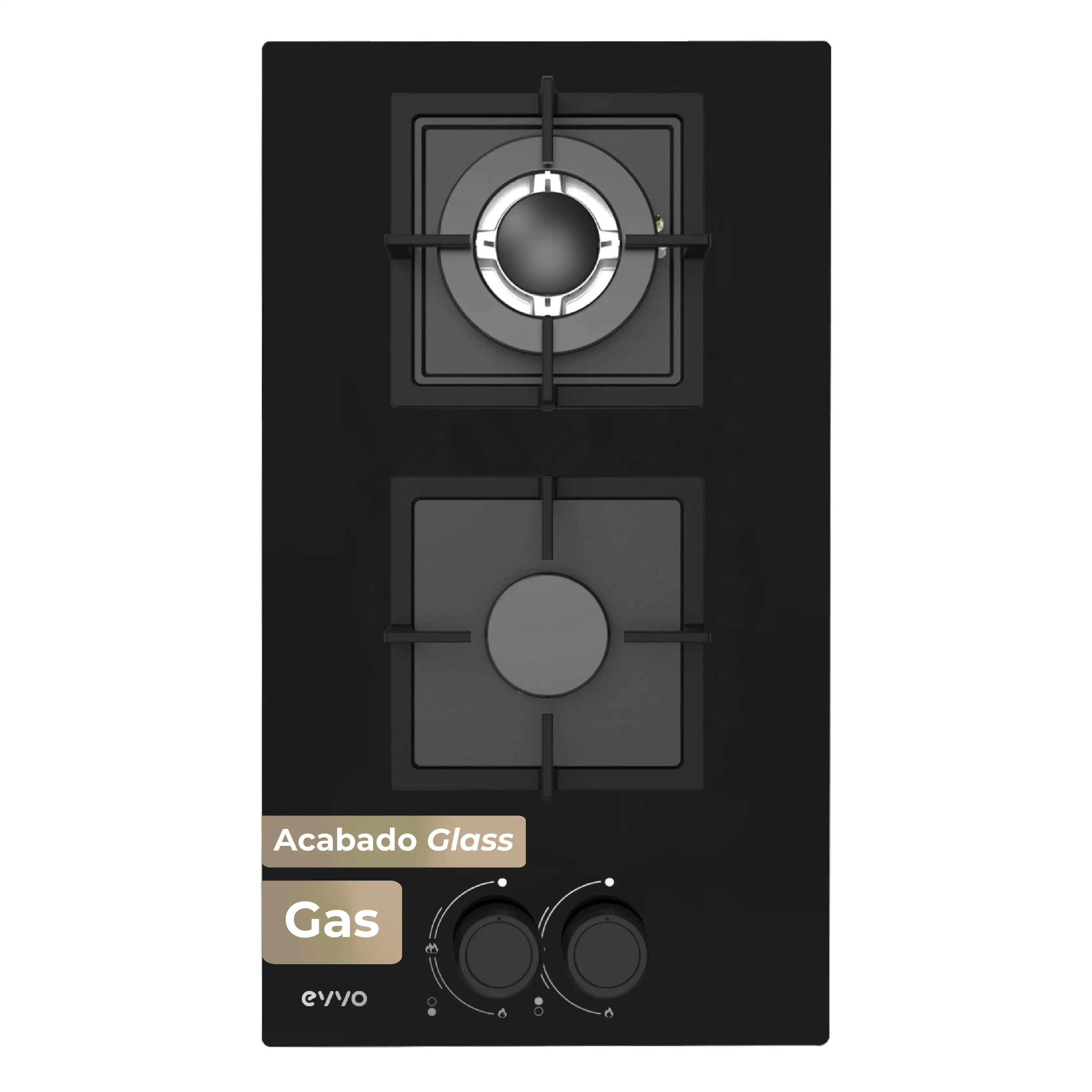 EVVO Placa de Gas V35 Glass, 2 quemadores (Wok + semirrápido), 3,6 kW, Gas Natural/Butano, Cristal templado