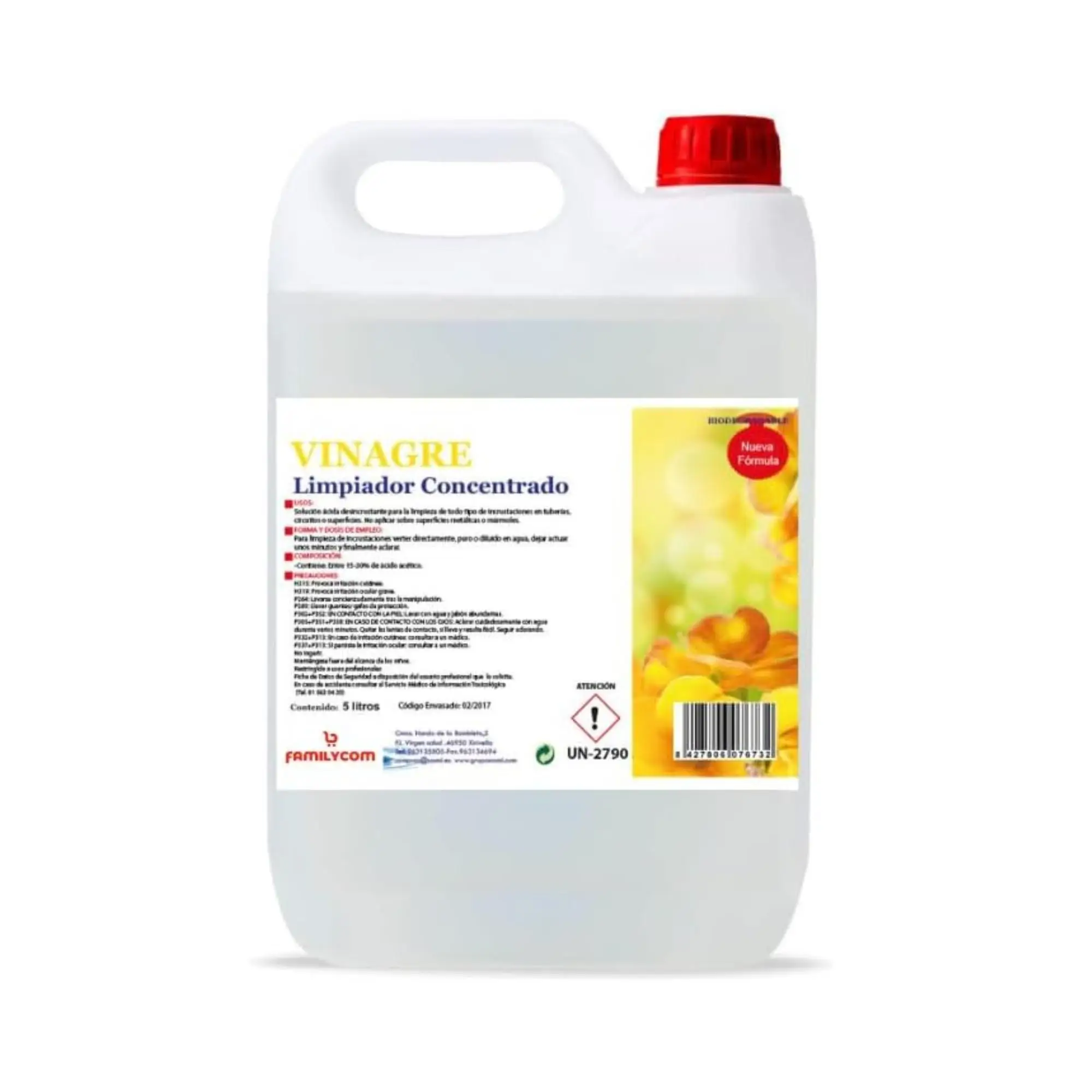 Vinagre de Limpieza Concentrado FAMILYCOM - 10º de Acidez - Multiusos - 5 Litros