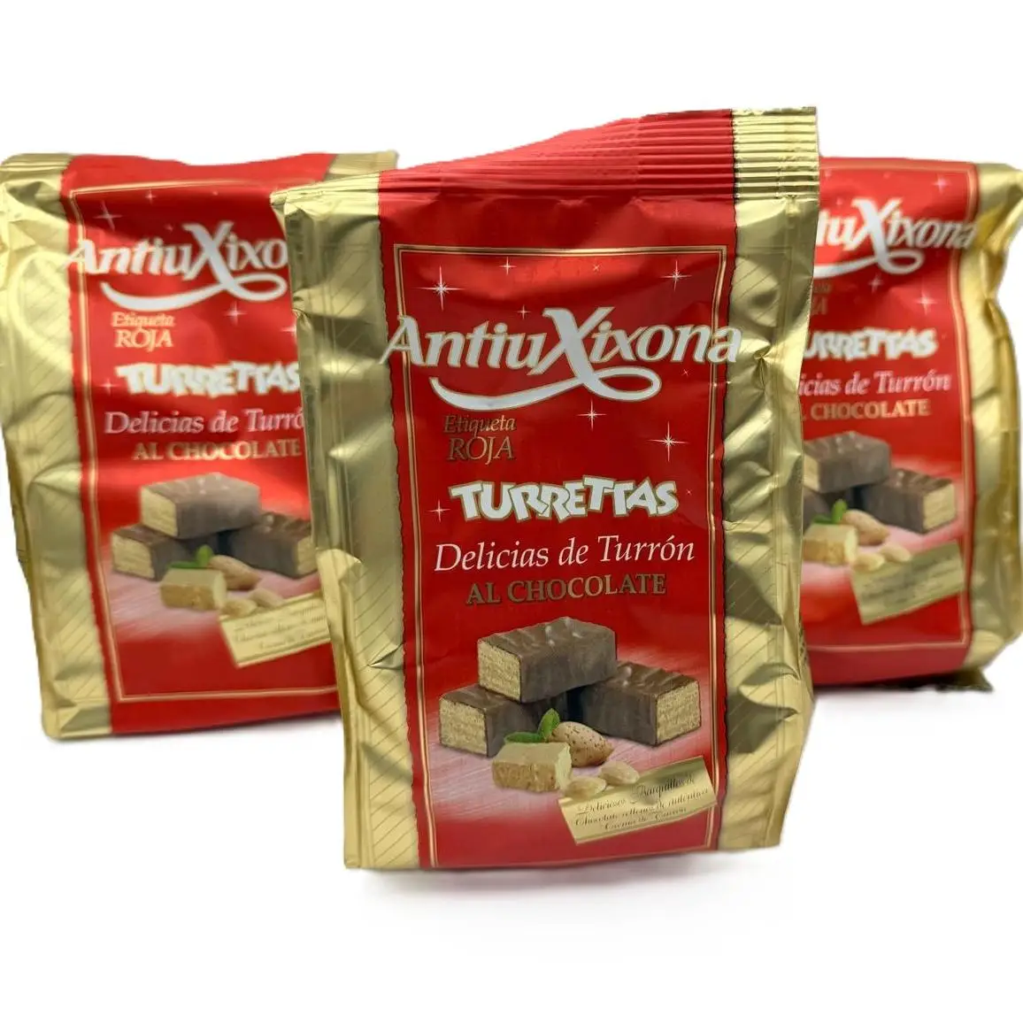 ANTIUXIXONA ETIQUETA ROJA TURRETTAS DELICIAS DE TURRÓN AL CHOCOLATE PACK 3 UNIDADES X 125 G.