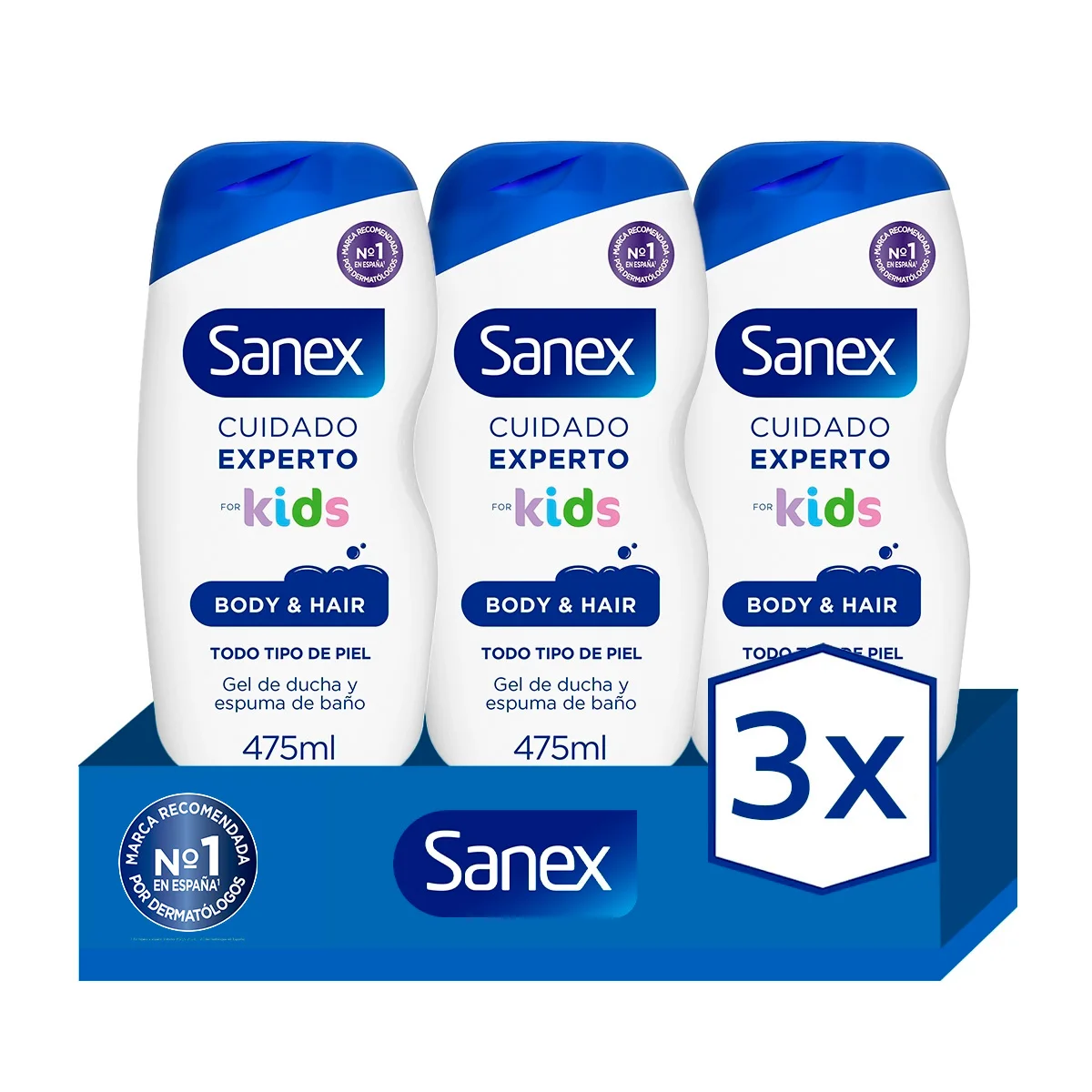 Gel de ducha o baño Sanex Biome Protect Dermo Kids cuerpo y cabello para niños 475ml. Pack 3