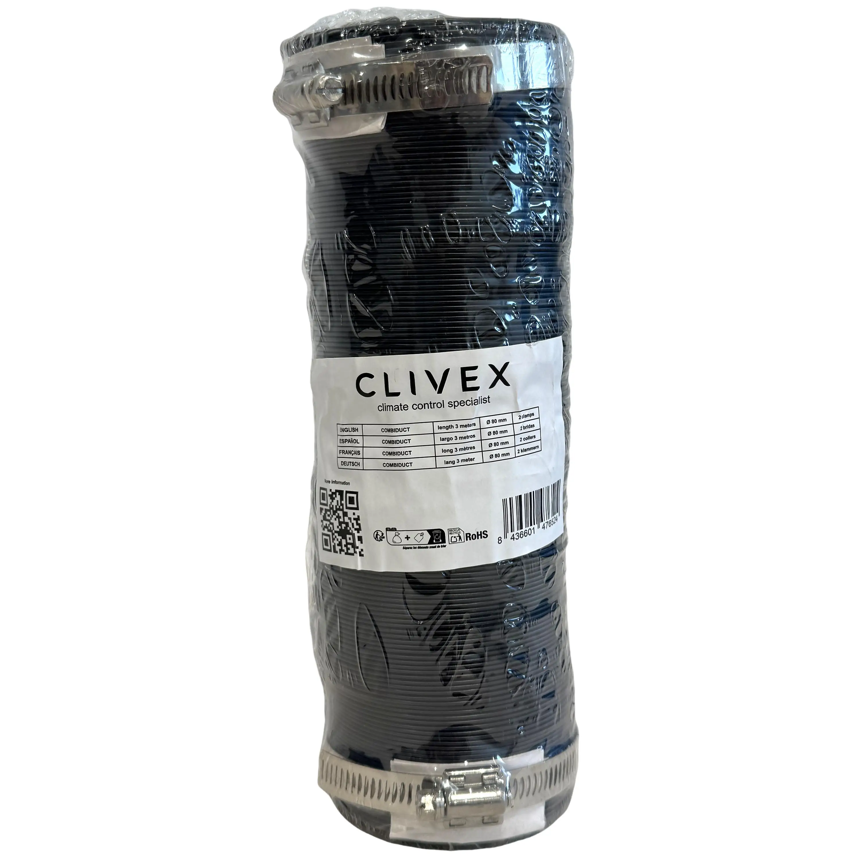 Tubo Flexible de aluminio y PVC Clivex Combiduct 80mm (3m) Abrazaderas incluidas Reduce el sonido de tu extracción o intracción de aire