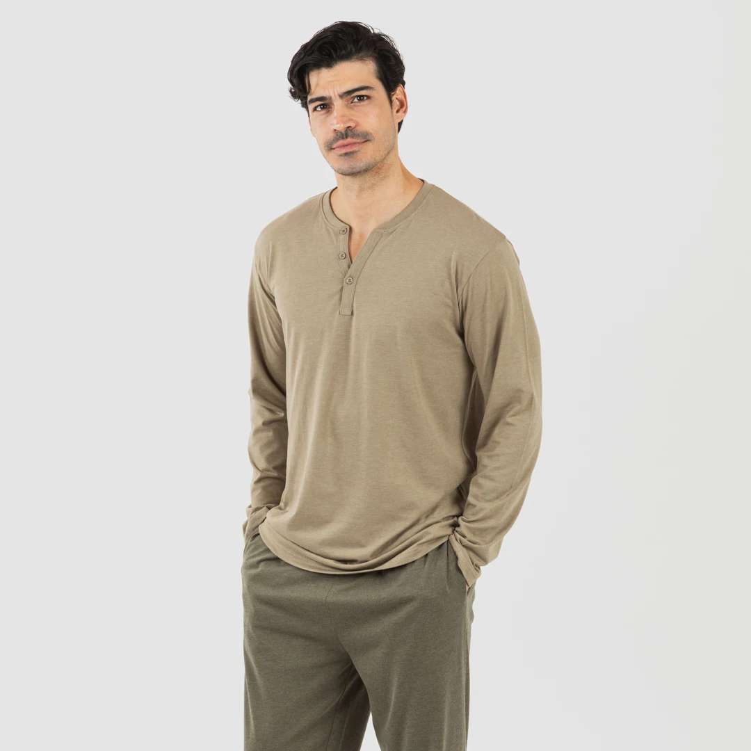 Men's Pajama + with Long-sleeved T-shirt and Long Pants-Elastic Waist and Side Pockets-Great for Mid-Time