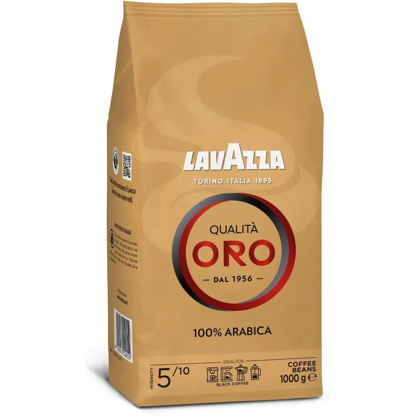 Lavazza café grano natural qualità oro, 100% arabica blend, with floral and fruity aromatic notes, intensity 5/10, medium roast, 1 kg