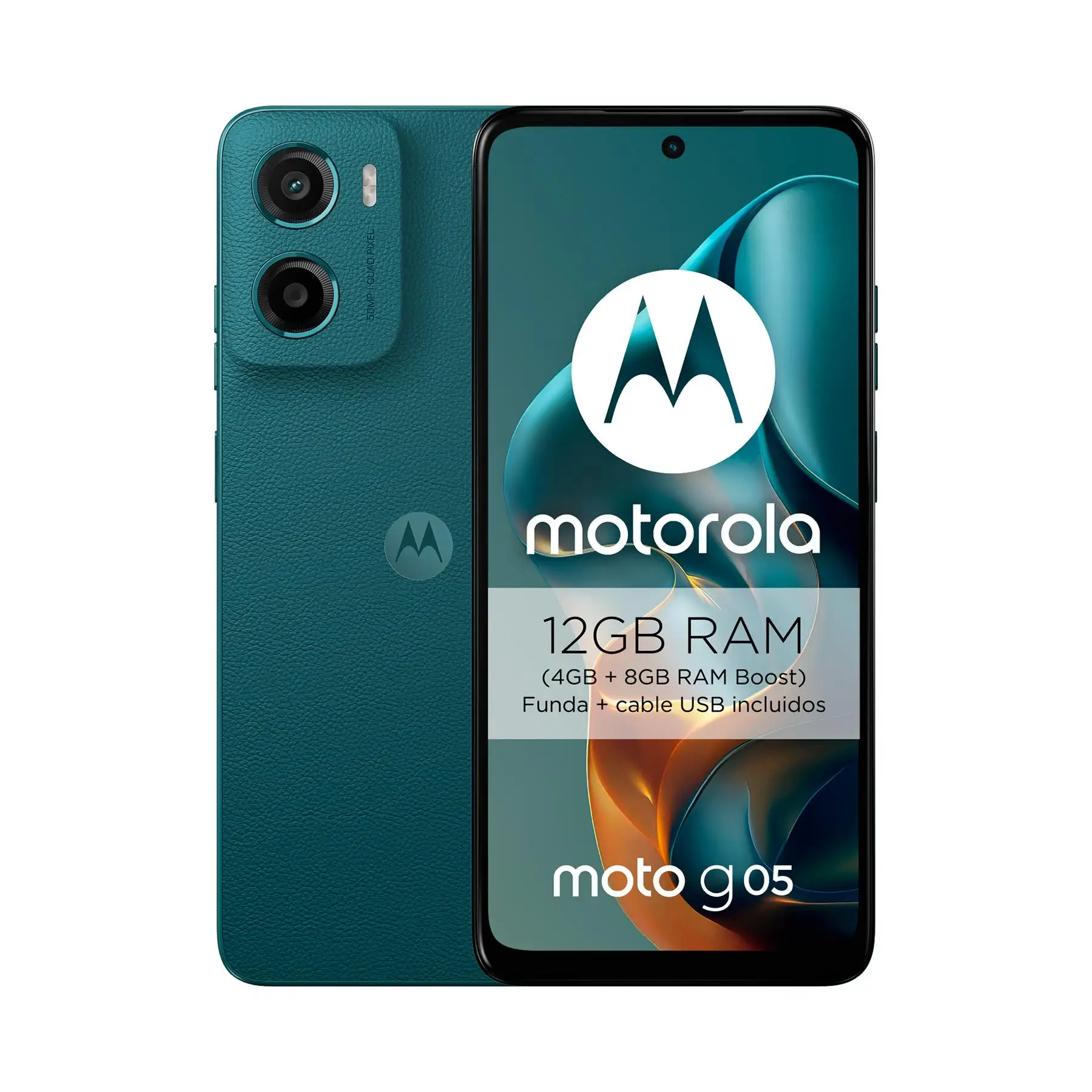 motorola moto g05 con Pantalla de 6.67" HD+ 90Hz, 4GB RAM (hasta 12GB con RAM Boost), Almacenamiento 64/128/256GB, Cámara Trasera 50MP, Batería 5200 mAh y Carga Rápida 18W