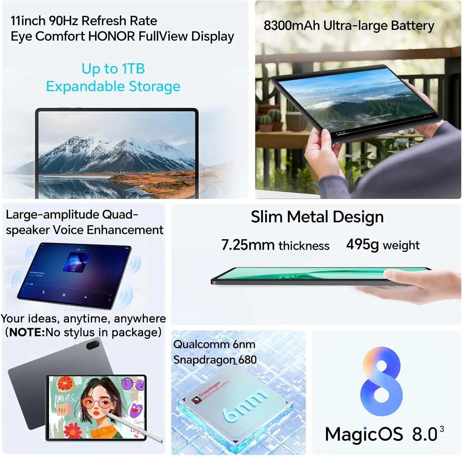 Tableta – HONOR Pad X8a WiFi, 4GB+128GB/4GB+64GB, Space Gray, Relaja tu vista en 11 pulgadas con una fluidez total Pantalla FullView HONOR｜8300mAh Batería ultra grande｜Gran sonido Disfruta de sus cuatro altavoces 3