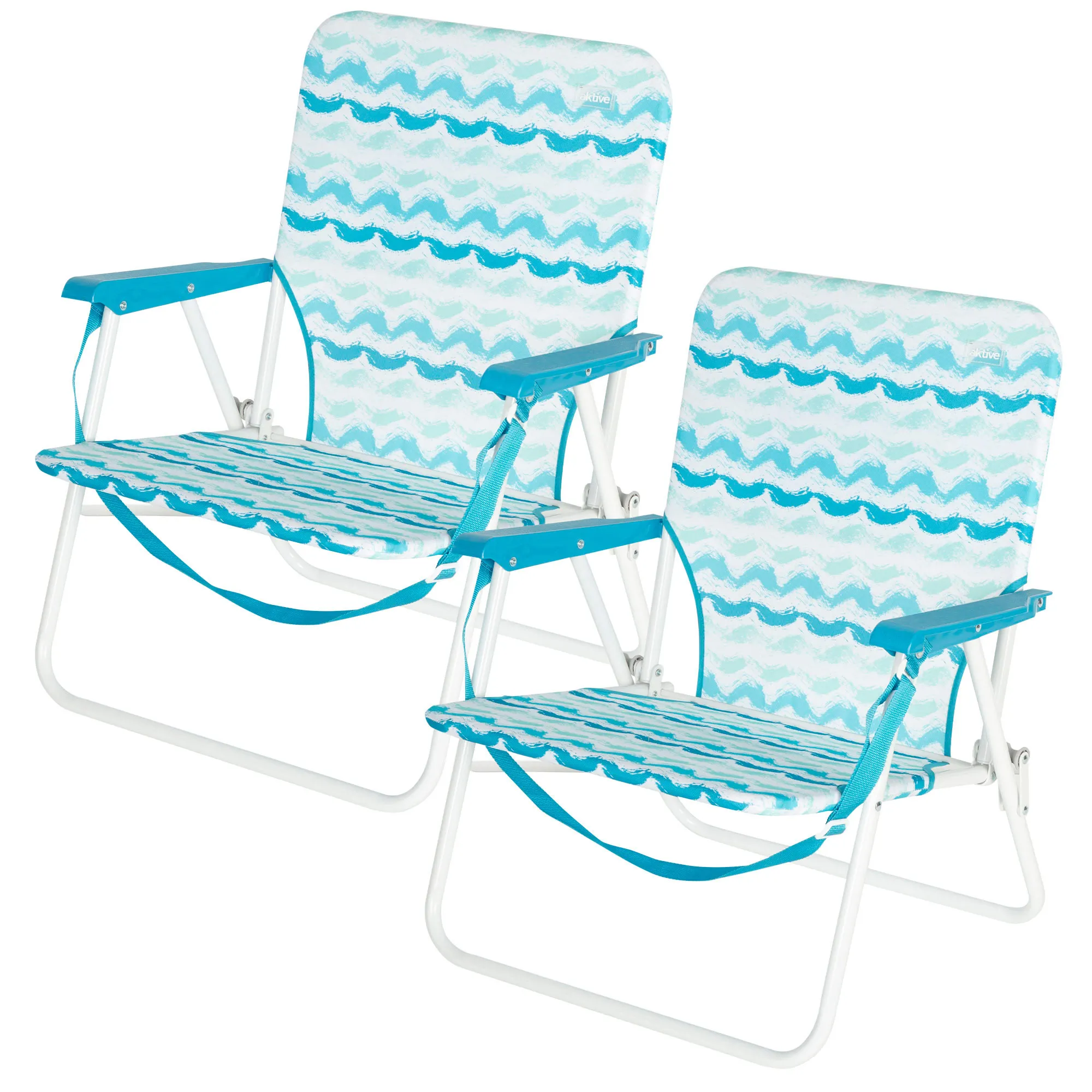 Aktive - Pack 2 sillas plegables de camping, asiento bajo, 50x51x67 cm, de acero y malla transpirable, con posavasos, reposabrazos acolchados y funda de transporte
