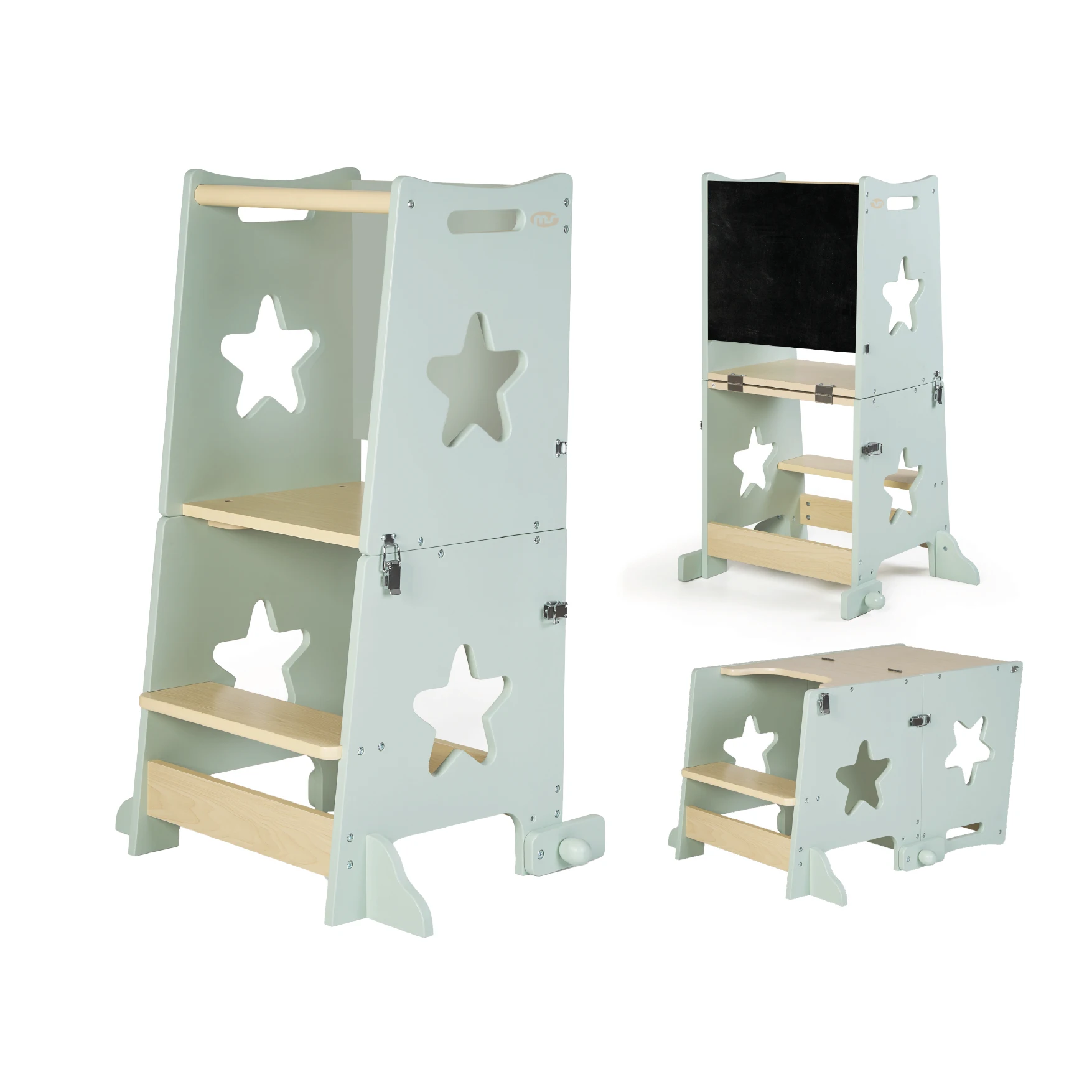 Ms - Torre de Aprendizaje de Madera Montessori para niños LEARN UP -Convertible en Escritorio Infantil y Taburete -Torre ayudante de Cocina de Madera Maciza con Barra de Seguridad - Plegable (Madera)