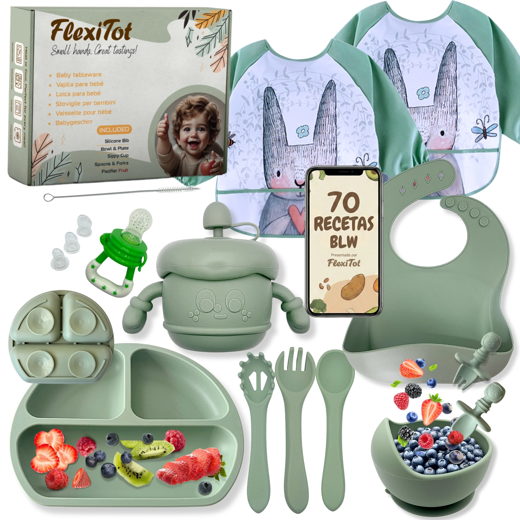 Bebé, Vajilla silicona bebé  Guía Digital 70 recetas BLW | 2 Baberos con mangas, platos vajilla con ventosa, cosas para bebe, Regalo bebes recien nacidos, Verde