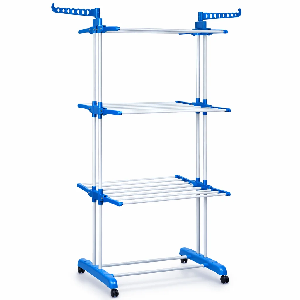 T-LoVendo Tendedero Vertical Plegable De Alta Capacidad de Ropa - 4 Niveles con Barras de Acero Inoxidable con Dos Alas Laterales Amplio Espacio para Secar. Ruedas Incluidas. Azul.