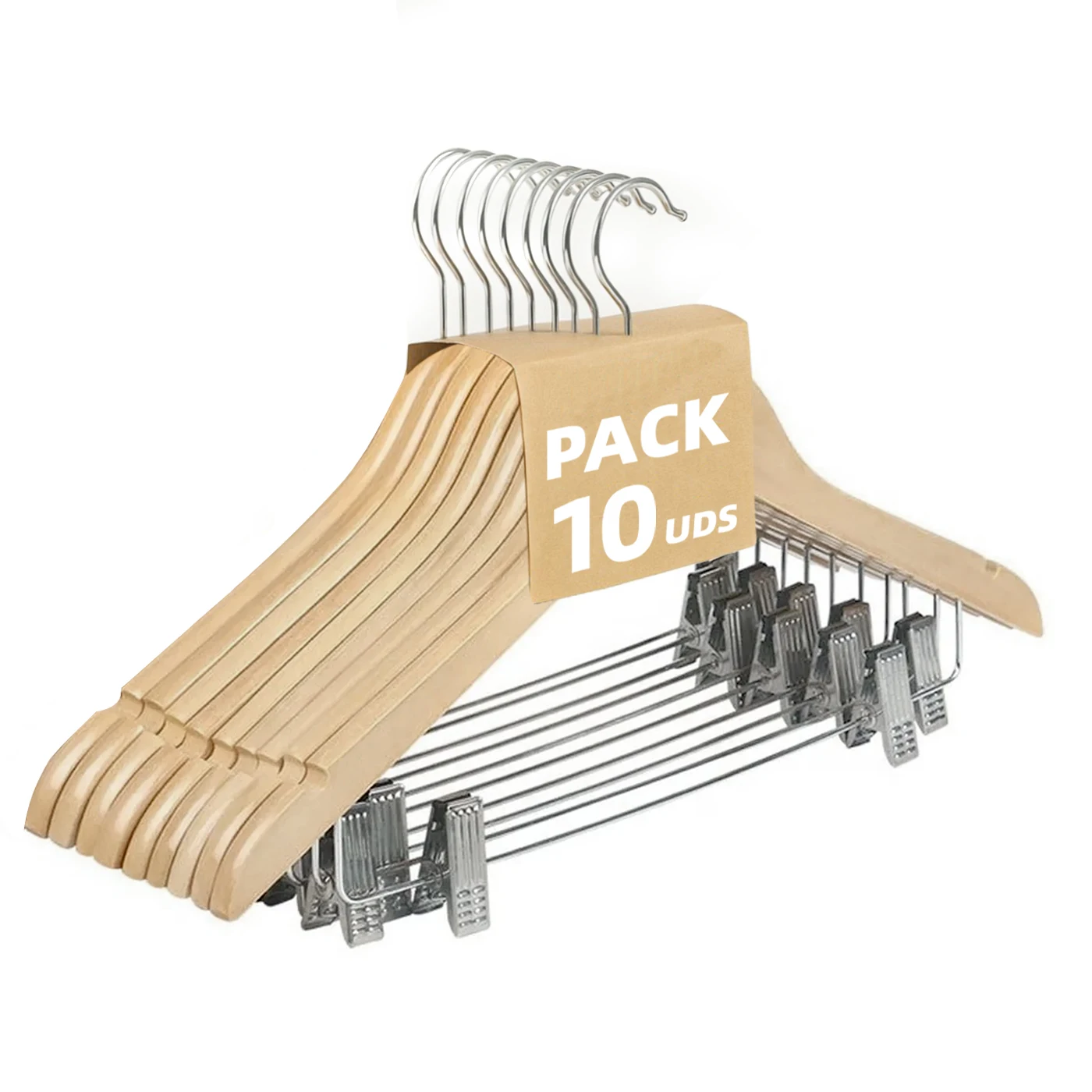 Pack de 10/20 Perchas de Madera con Pinzas Ajustables y Muescas Antideslizantes, Pinzas de Metal con PVC para No Dañar la Ropa, Gancho Giratorio 360°, Madera Maciza Pulida sin Astillas.