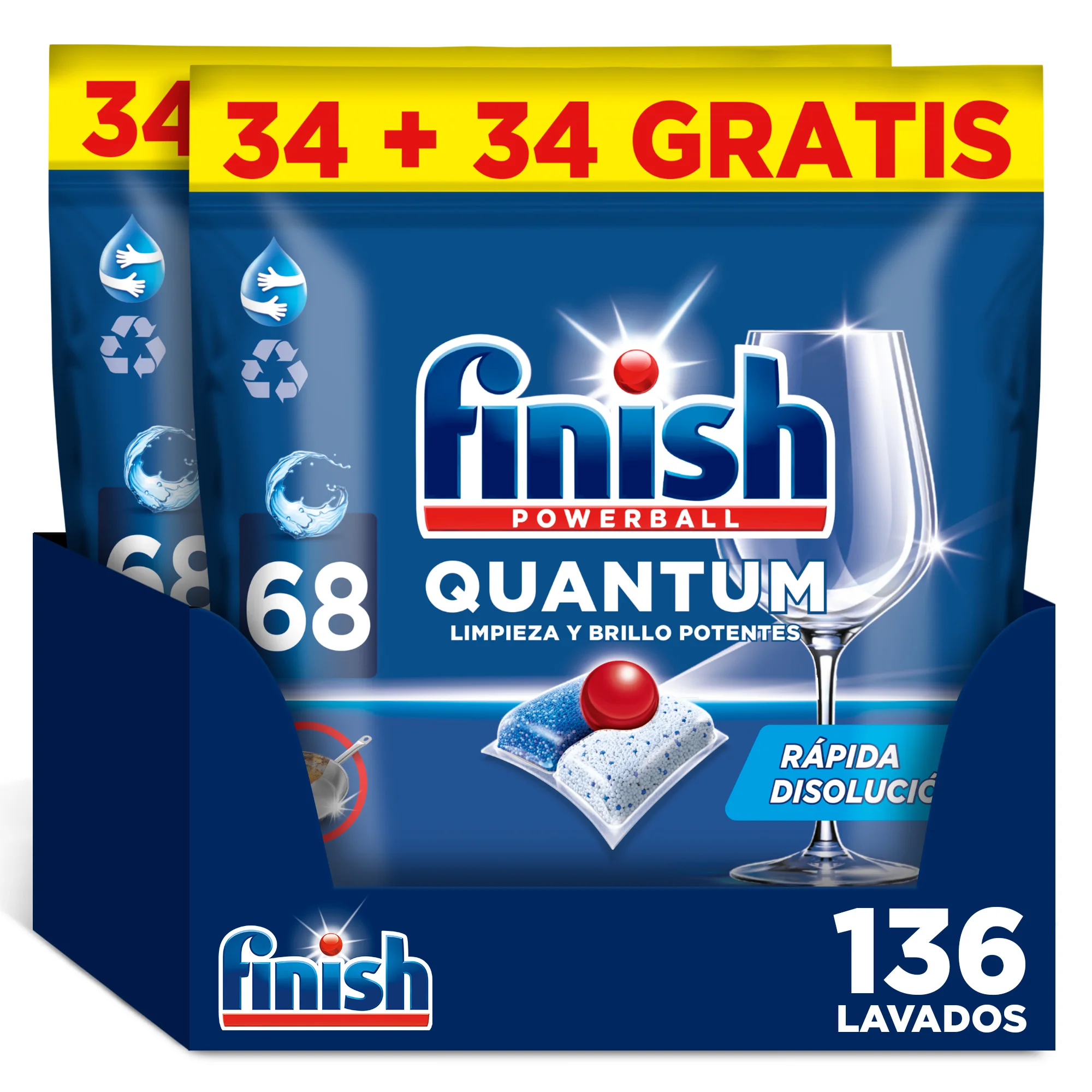 Finish Powerball Quantum, 136 Pastillas para Lavavajillas, Limpieza y Brillo Potentes, Aroma Regular, Formato 2x68