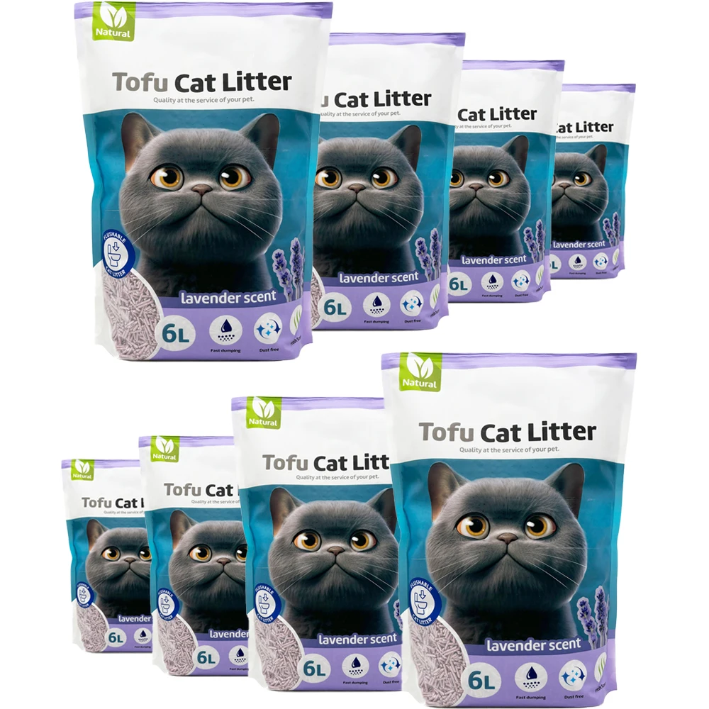 8Pcs Arena Aglomerante para Gatos Arena de Tofu para Gatos sin Polvo Fácil de Aglomerar Controla los Olores se Lanza en el Inodoro Sabor Lavanda