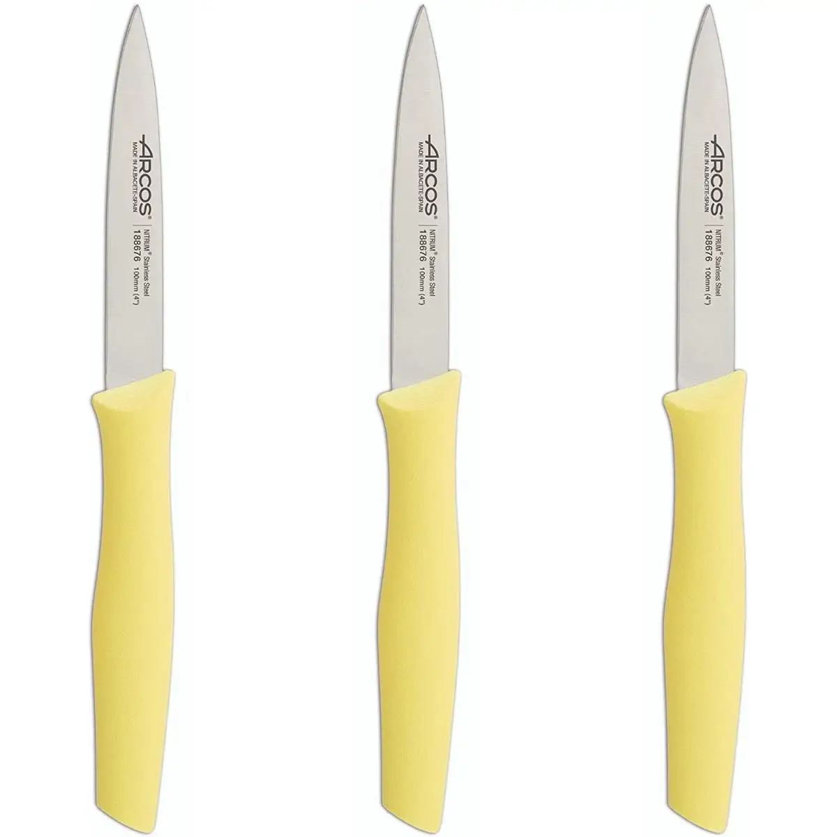 Arcos | Set 3 Cuchillos Mondadores | Cuchillos Arcos | cuchillo de pelar | cuchillos pelar patatas | Acero Inoxidable Nitrum | Hoja de 100 mm | Envase Ecológico | Color amarillo
