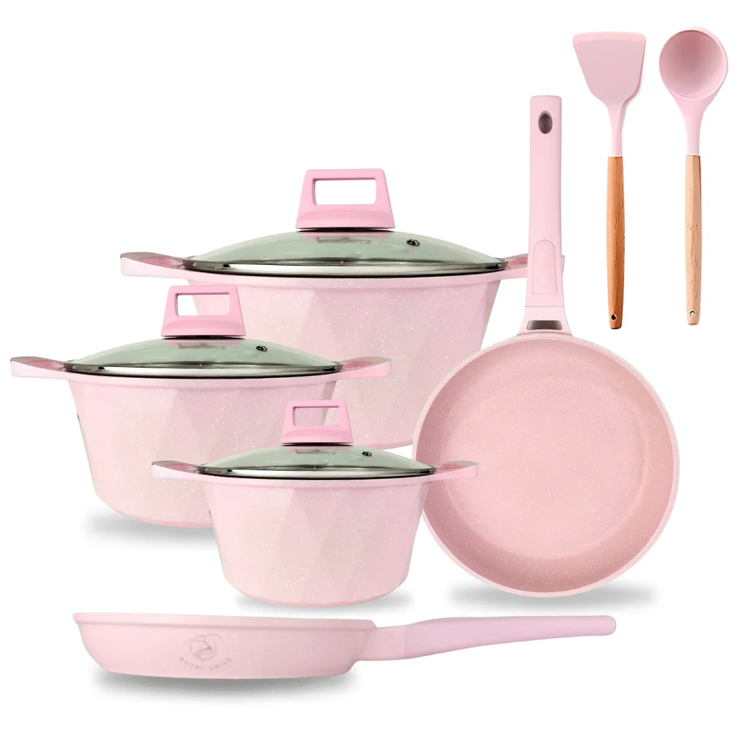 SET DE OLLAS - SET DE SARTEN - INCLUYE UTENSILLOS - ROSA - ROSA PASTEL MARCA ROYAL  SWISS - MODELO RS NP 2356P -  20 CM - 24 CM - 28 CM - 24 CM - 28 CM - ANTIADHERENTE - APTO INDUCCION - APTO TODO