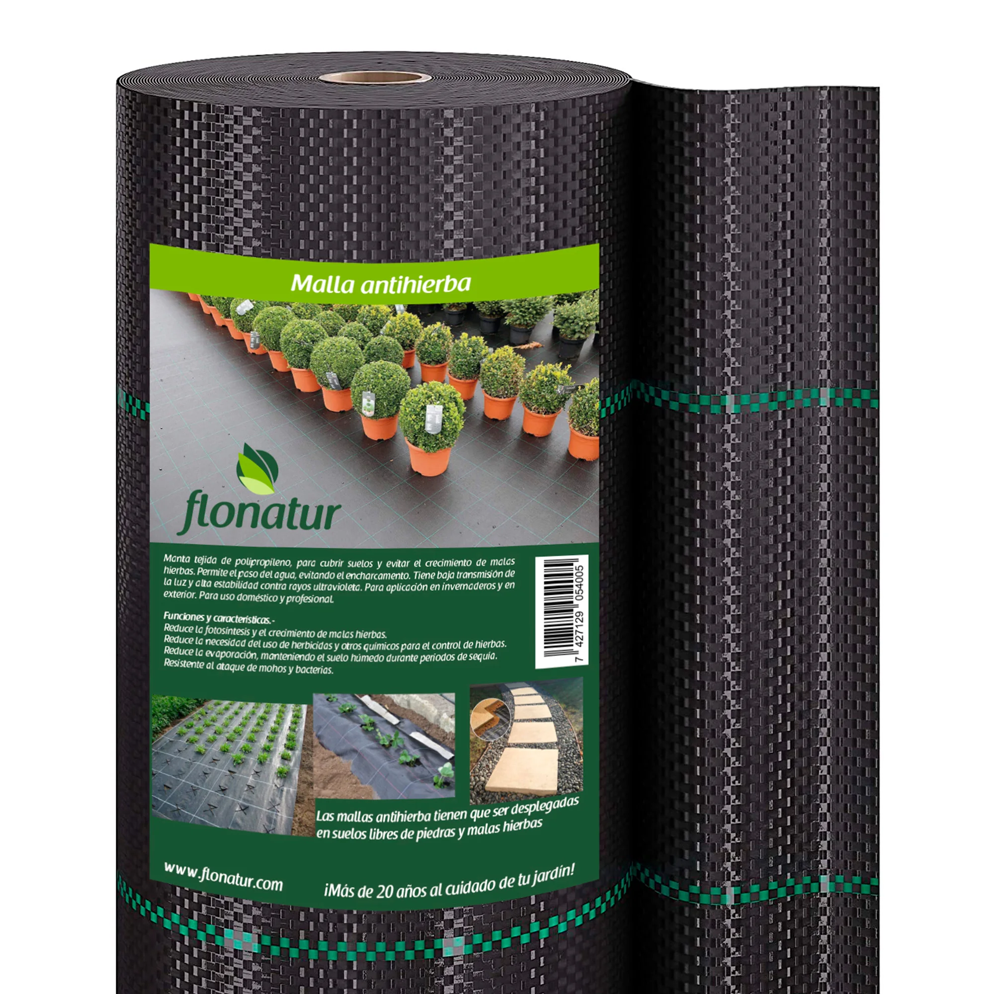 Flonatur. Malla antihierba 75 gr. para el control de las malas hierbas. Impide el crecimiento de las plantas, resistente a la intemperie, al desgarre y al ataque de plagas, mohos y bacterias.