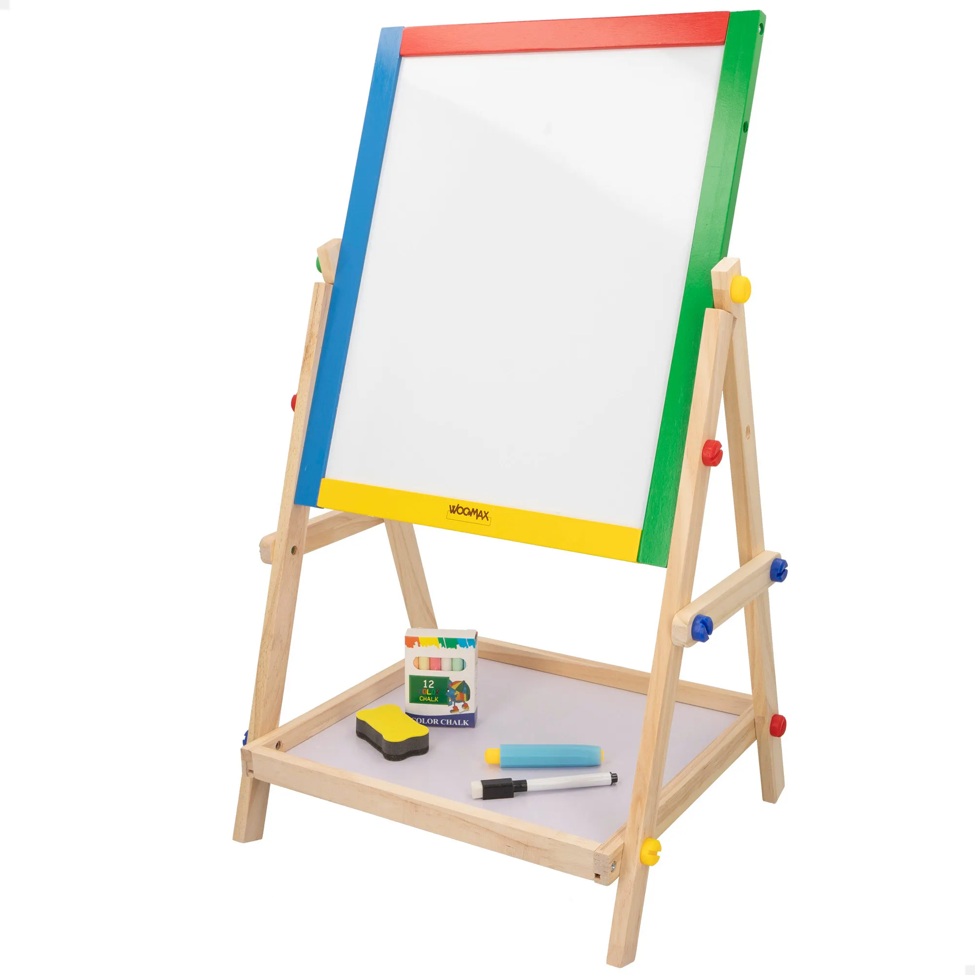 WOOMAX - Caballete infantil con pizarra de madera, doble cara para escribir y dibujar, mide 40x36,5x68 cm, incluye tizas, borrador y rotulador negro, pizarra educativa de pie para pequeños artistas, recomendada a partir de 3 años, con certificación