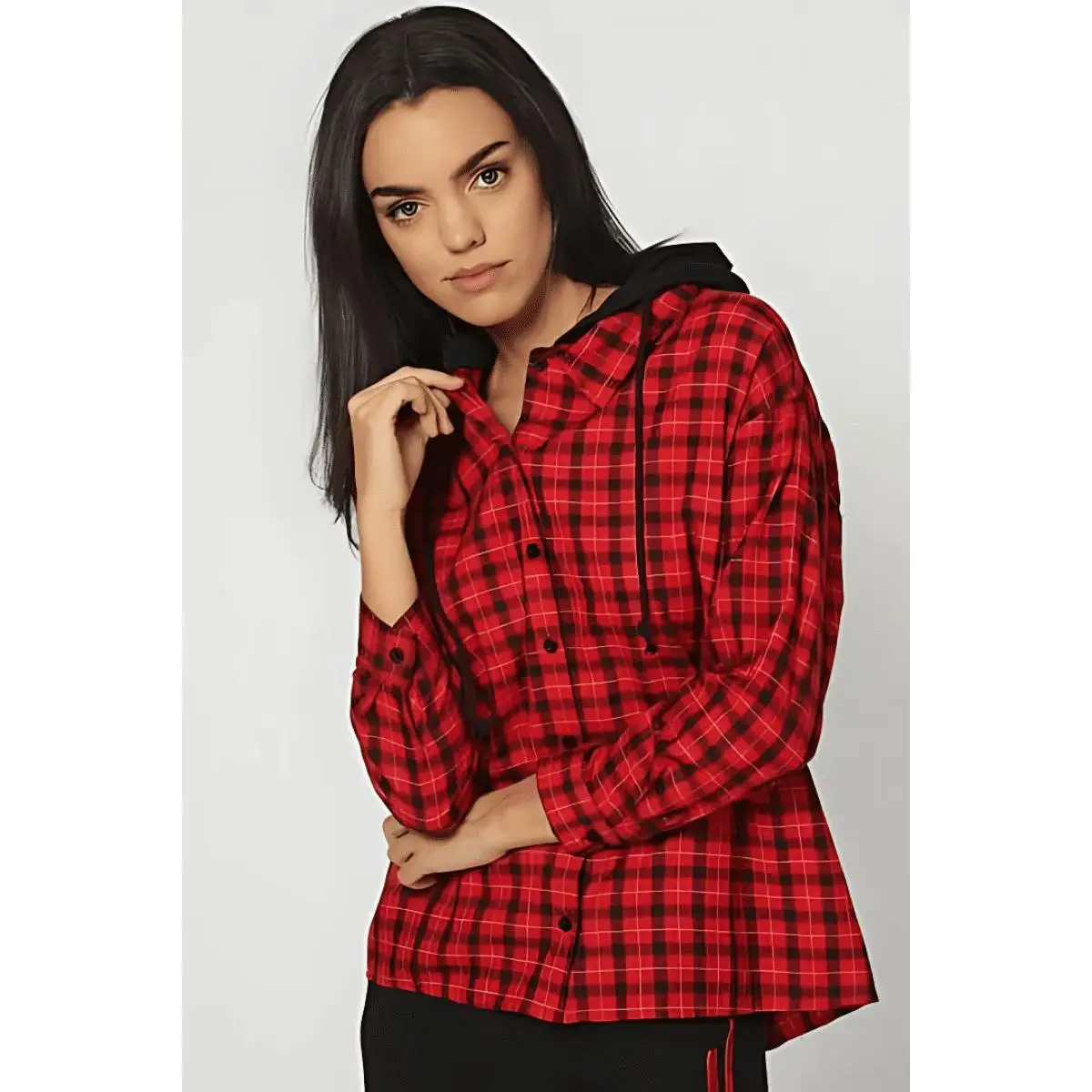Camisa casual cuadros mujer, shirt urbana, capucha, manga larga, botones, diseño fresco, tela ligera, estilo versátil, color rojo, talla 38, urbano, informal, cómoda ✅Entrega 24/48h