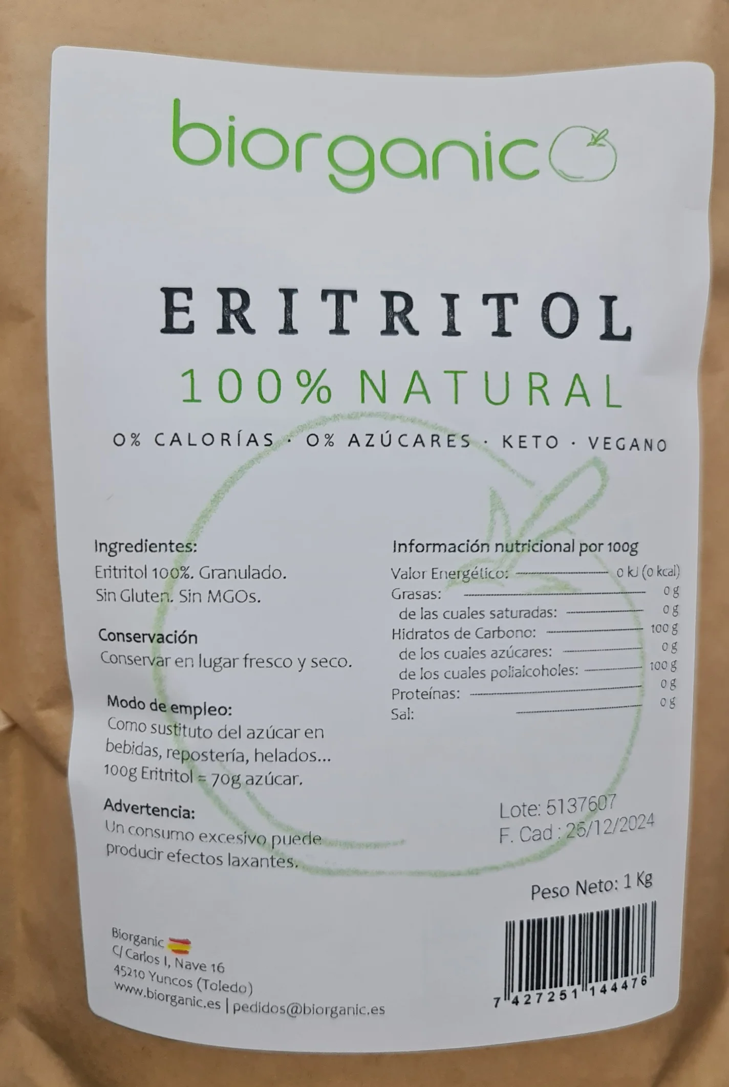 Natural 100% erythritol, 1Kg - Biorganic. Sweetener KETO, zero calories. From the polyalcohols of the fruit. Ideal for low-carbohydrate diets. Spanish brand.