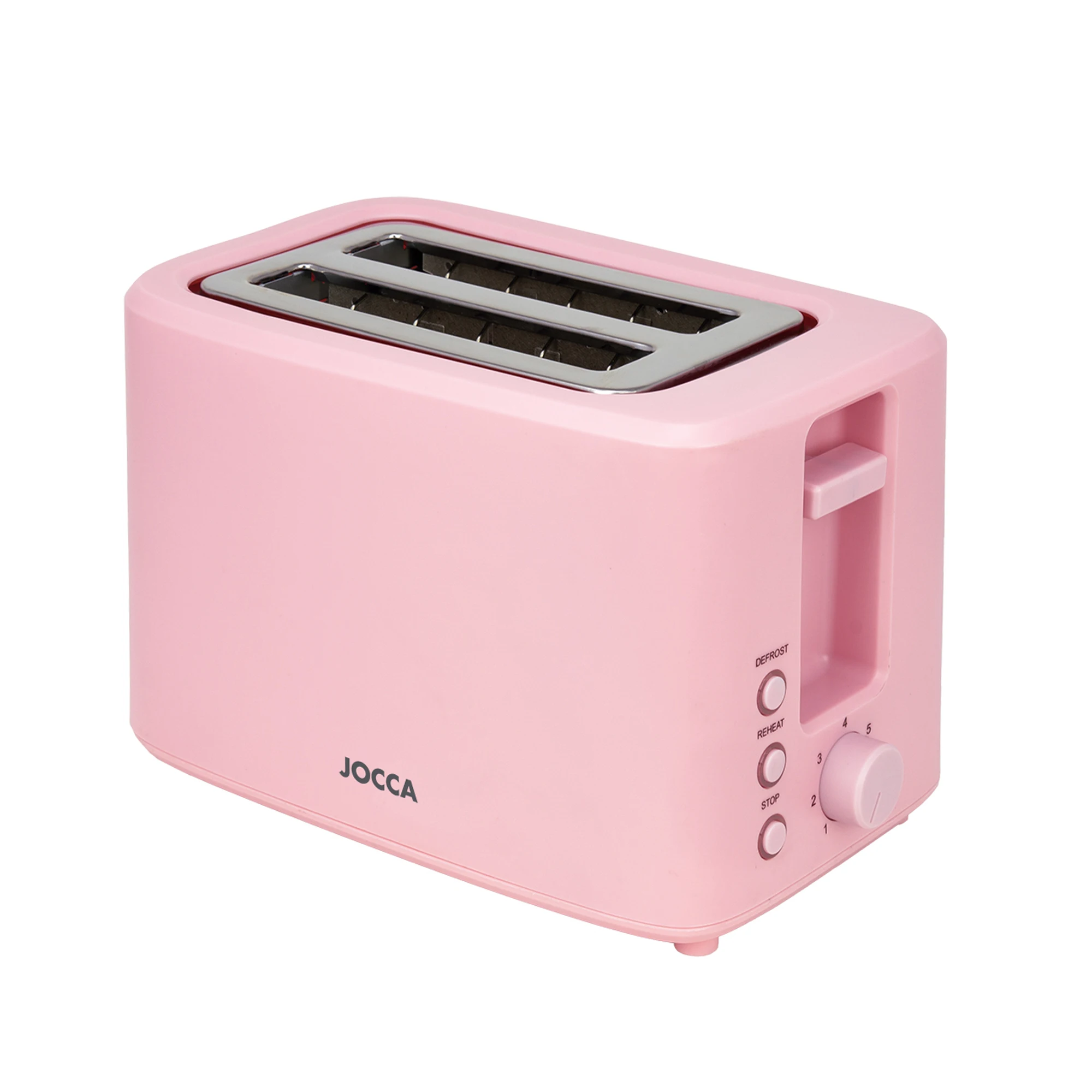 Tostadora Jocca rosa de la línea Sweet con doble ranura ancha para diferentes panes y bollerías diseñado para que este centrado logrando un tostado uniforme, cuenta con 7 niveles y la función de