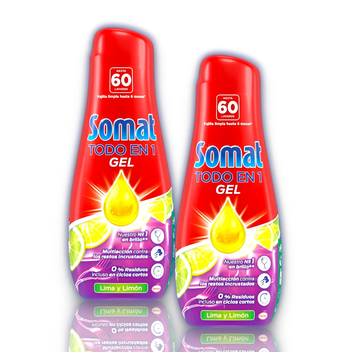 Gel para Lavavajillas Todo en 1 - Aroma Lima y Limón con Desengrasante Activo - Detergente Lavavajillas Pack de 2, 4 y 6 unidades de 60 lavados c/u - Lavavajillas con Gran Poder de Limpieza - SOMAT.