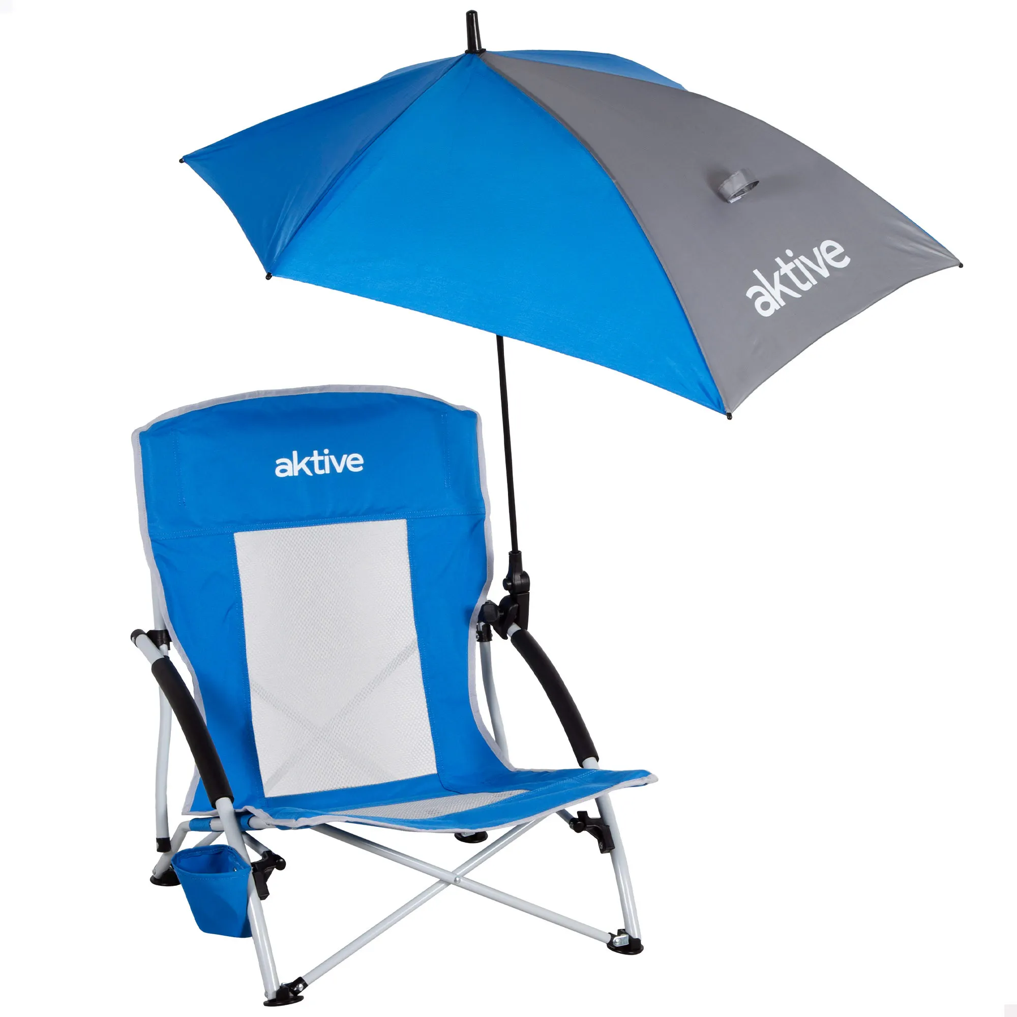 Aktive - Silla plegable con sombrilla y posavasos, 50x49x65 cm, silla playa portátil, silla camping compacta, silla resistente para jardín, terraza y excursiones, con bolsa de transporte
