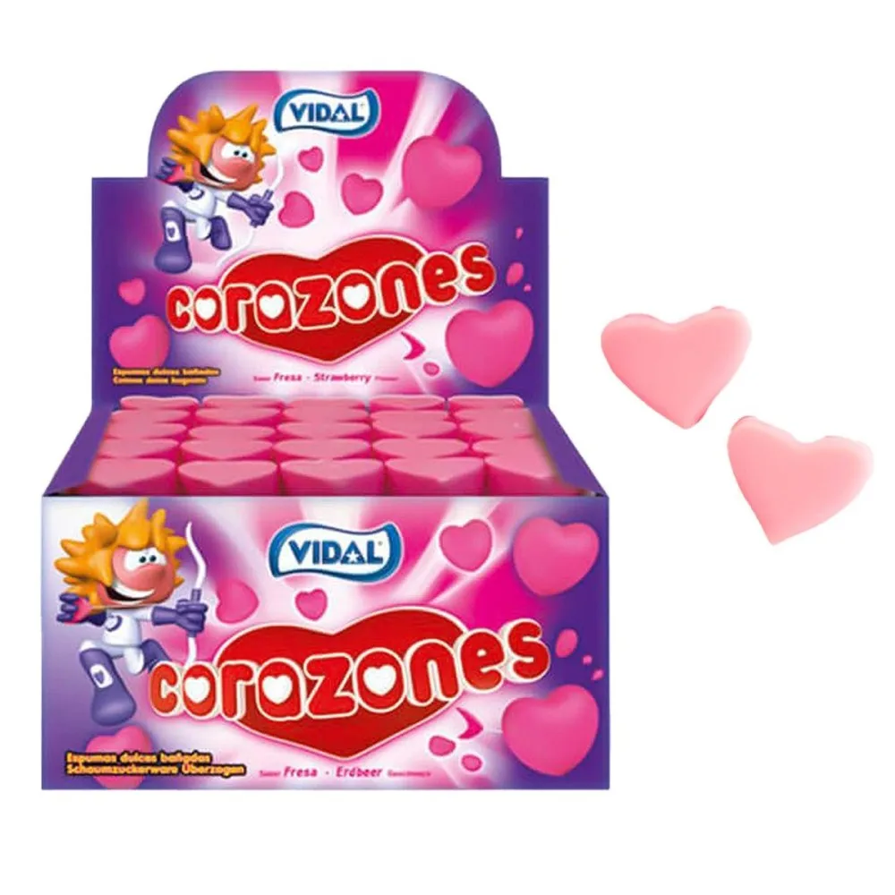Malvavisco Corazones Fresa Vidal en estuche 855 g - Adictivos marshmallows en forma de corazón de sabor fresa y con una cobertura crujiente que te seducirá desde el primer bocado - Sin gluten