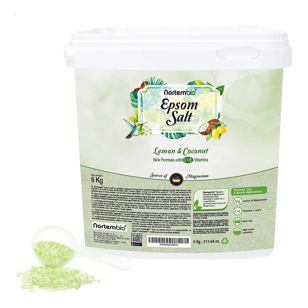 NORTEMBIO Sales de Epsom 100% Fragancia Limón y Coco 6Kg | Hidratada con Vitamina C y E | E-Book Incluido