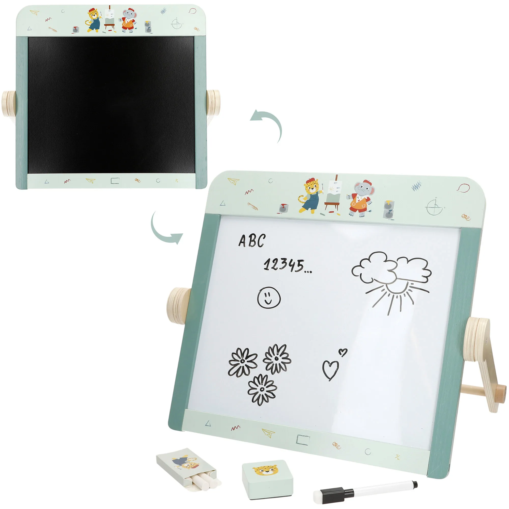 WOOMAX - Pizarra doble cara de madera, 40x27x32 cm, incluye rotulador y tizas blancas, borrador para tiza, patas móviles estables, bordes redondeados, certificado FSC, regalo niños +3 años, pizarras