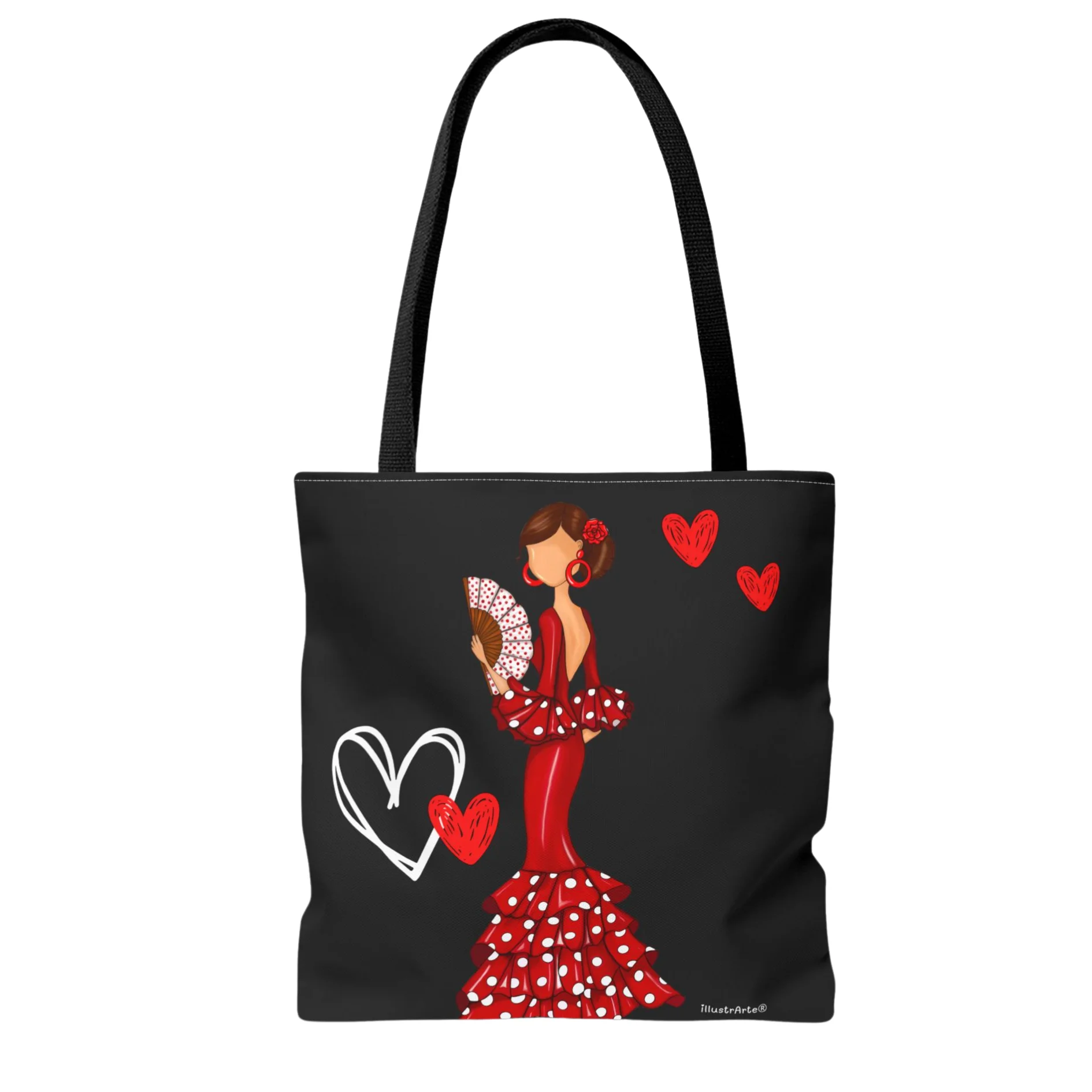 illustrArte – Bolsa tote Málaga “Flamenca Pepa” – poliéster 400 g/m² (43×43 cm) – asas 60 cm – diseño doble cara con corazones – bolso reutilizable y resistente