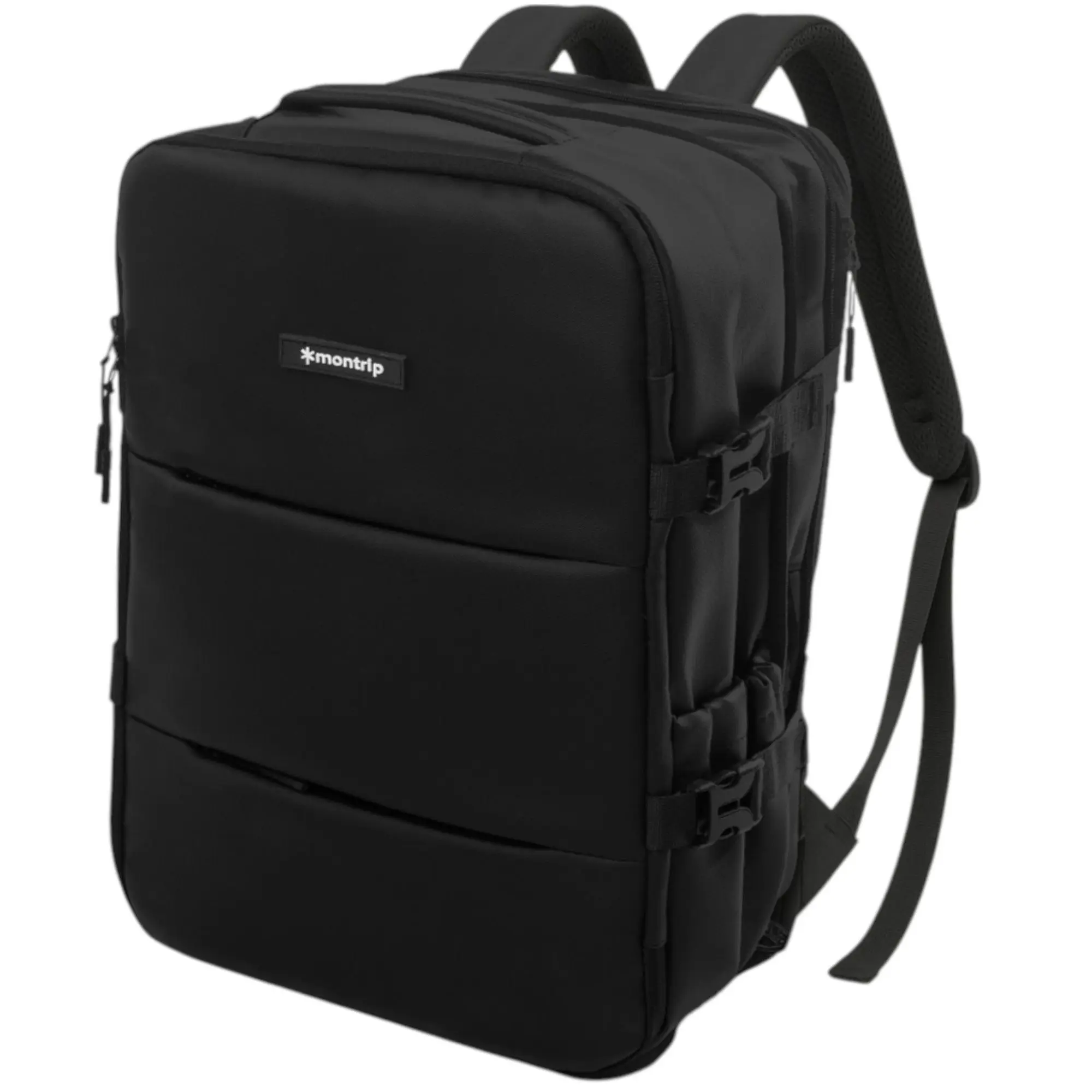 Mochila de cabina Montrip (20-25L, 1kg). 40x30x20 - Negra, expansible, ergonómica y ligera. Con 10 compartimentos internos y externos para portátil, zapatillas y objetos personales. Compatible como