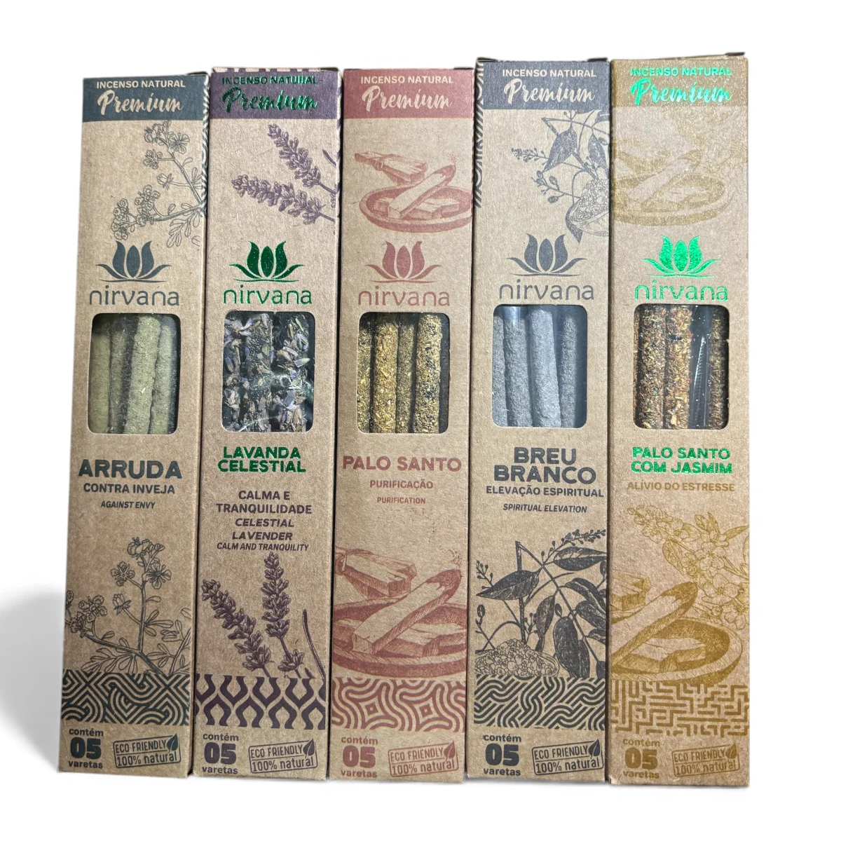 Pack de 5 cajitas de 5 varillas cada cajitas marca NIRVANA del pack  de Vadeincienso  duración promedio de cada varilla 2 horas  25 varillas en total  fabricado en Brasil con ingredientes naturales