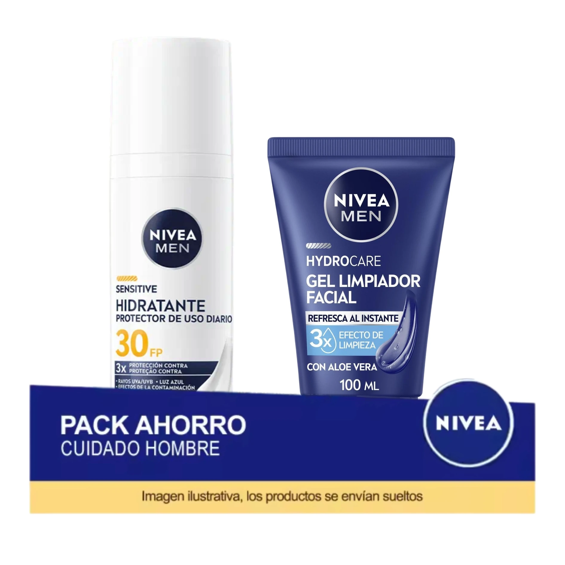 NIVEA MEN Pack Ahorro Sensitive Crema Hidratante FP30 + Gel Limpiador Facial Protege & Cuida